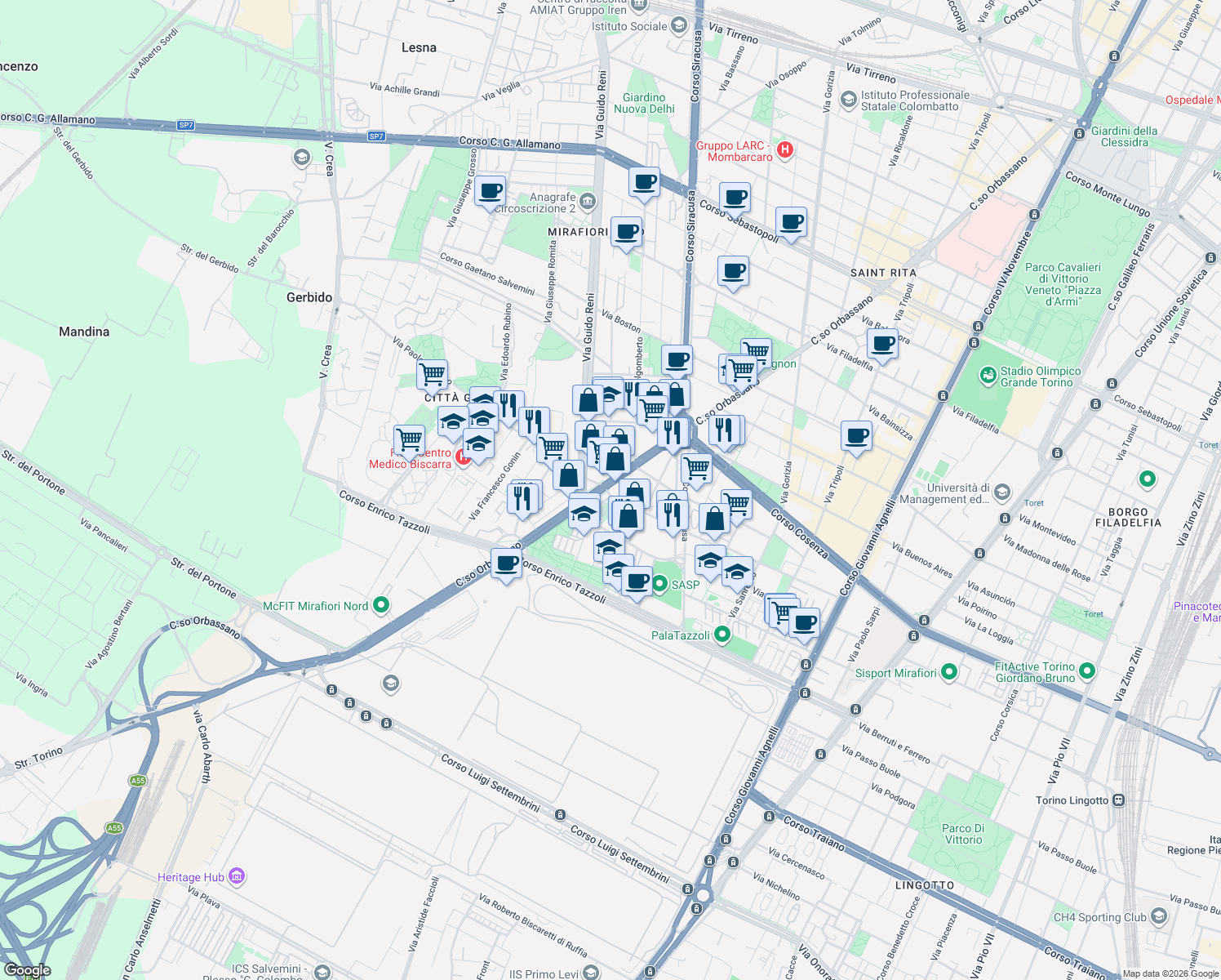 map of restaurants, bars, coffee shops, grocery stores, and more near in Turin