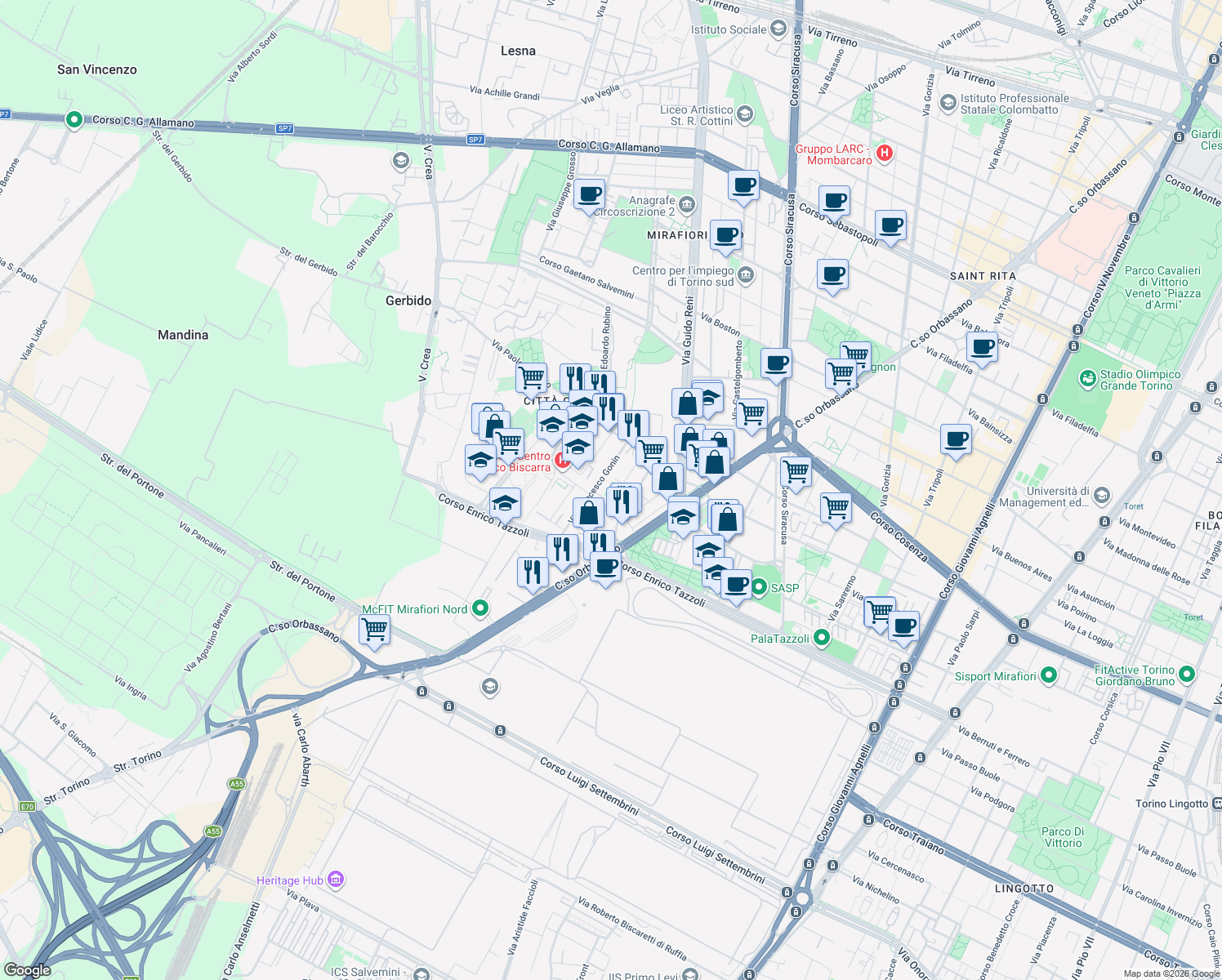 map of restaurants, bars, coffee shops, grocery stores, and more near 19 Via Giorgio Bellono in Torino