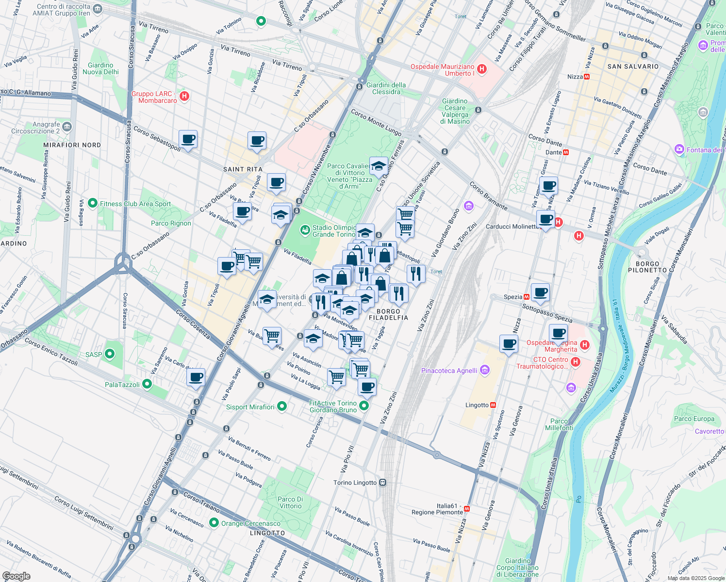 map of restaurants, bars, coffee shops, grocery stores, and more near 55 Via Filadelfia in Torino