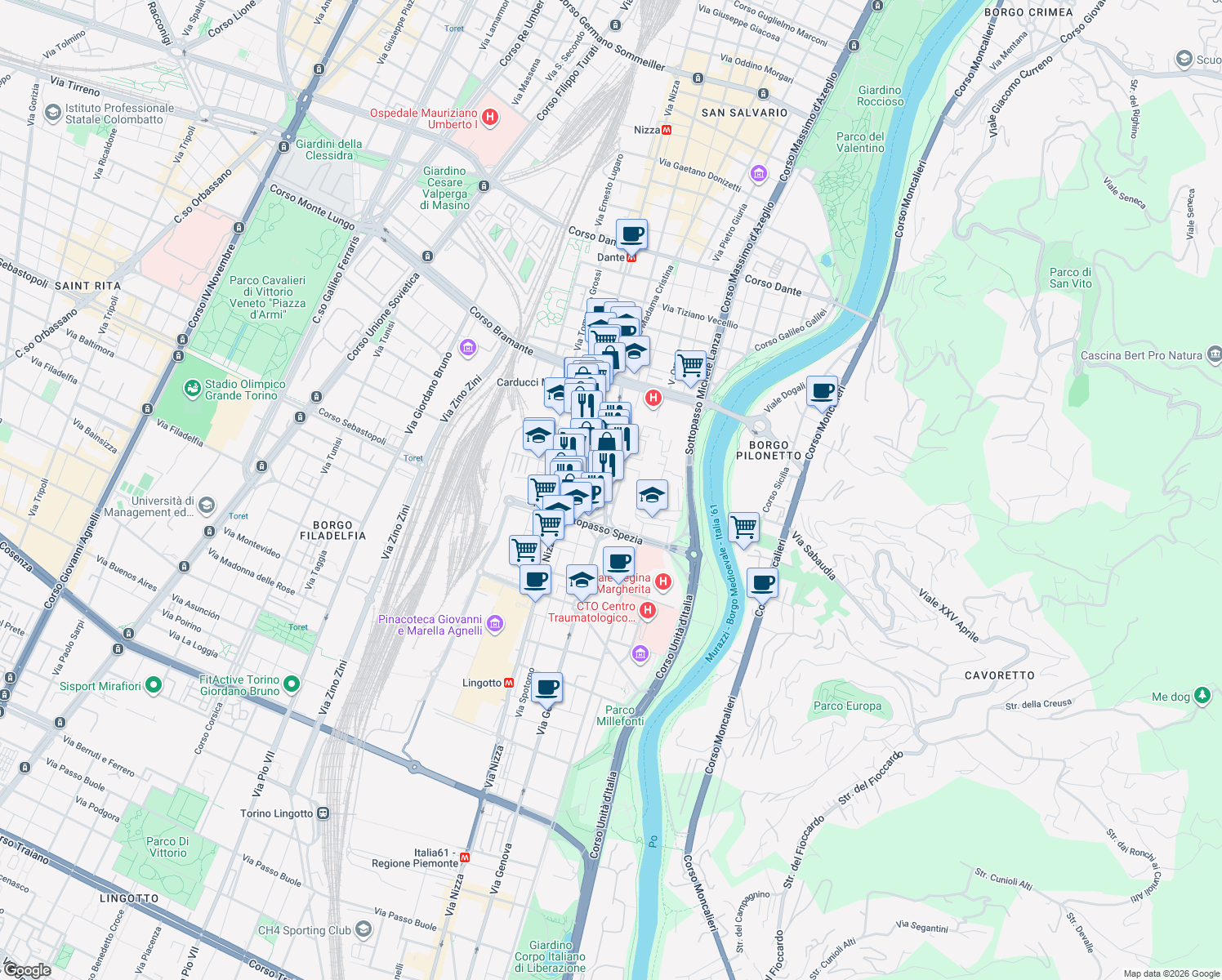 map of restaurants, bars, coffee shops, grocery stores, and more near 13 Via Cherasco in Torino