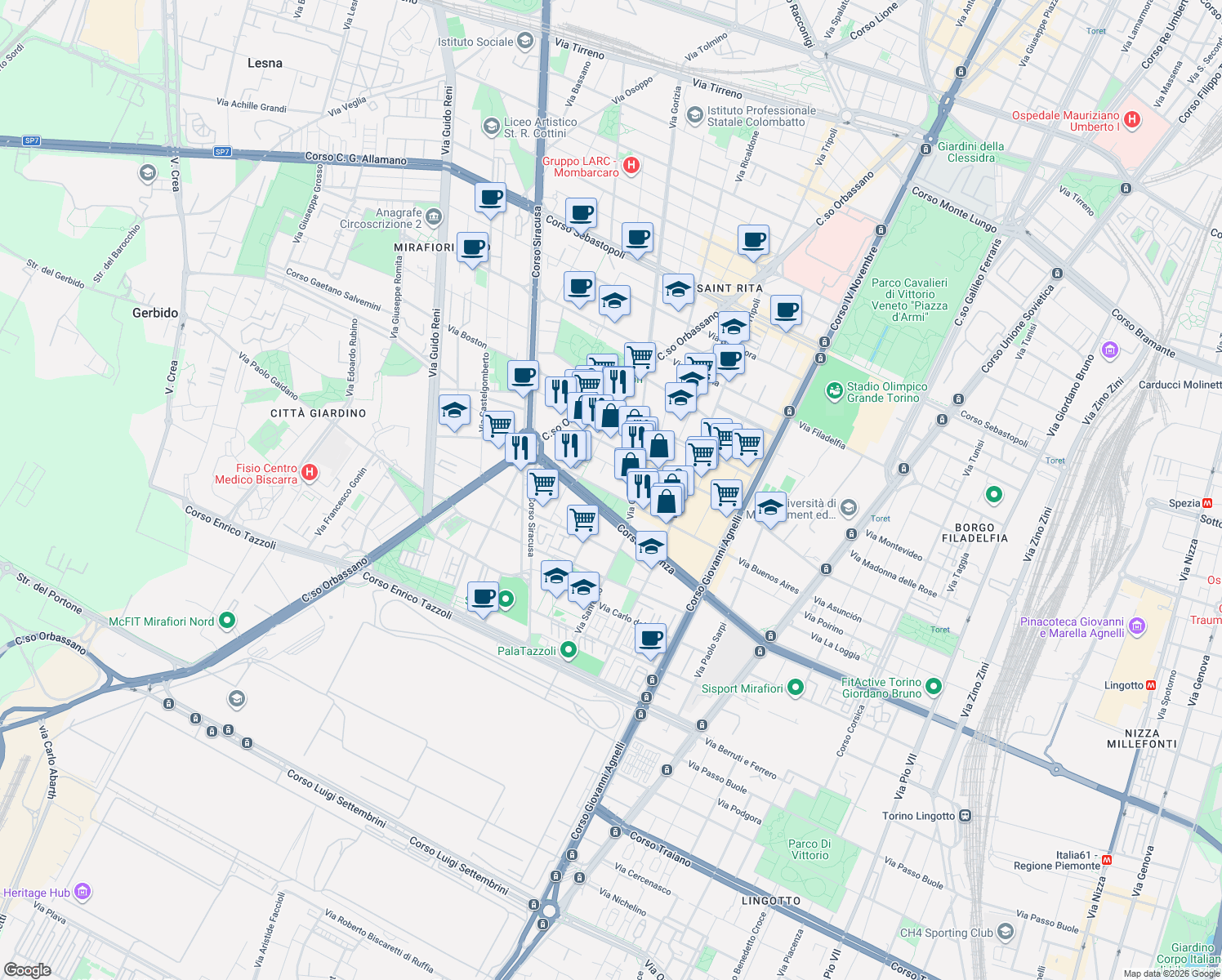 map of restaurants, bars, coffee shops, grocery stores, and more near 96 Via Buenos Aires in Turin
