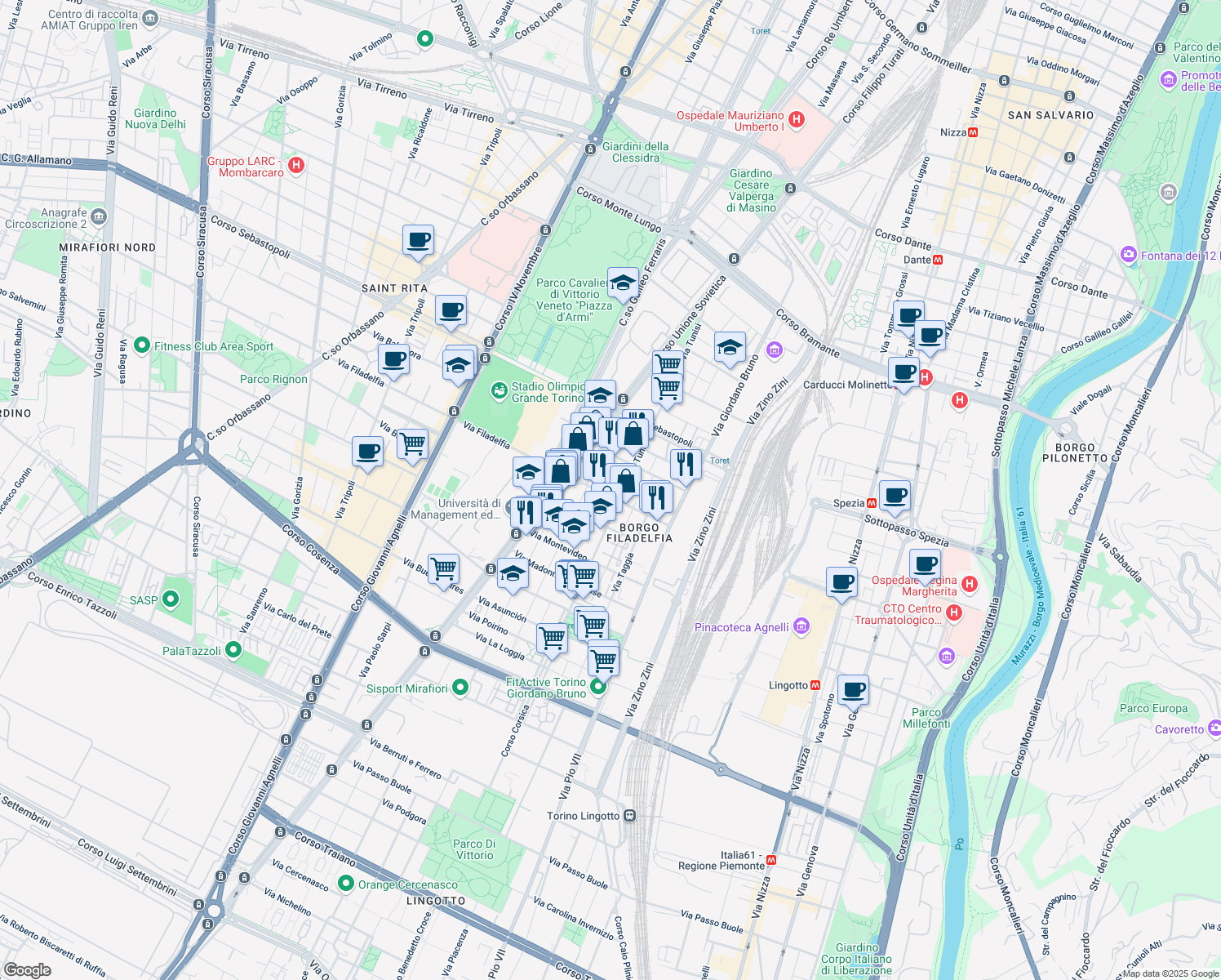 map of restaurants, bars, coffee shops, grocery stores, and more near 55 Via Filadelfia in Torino