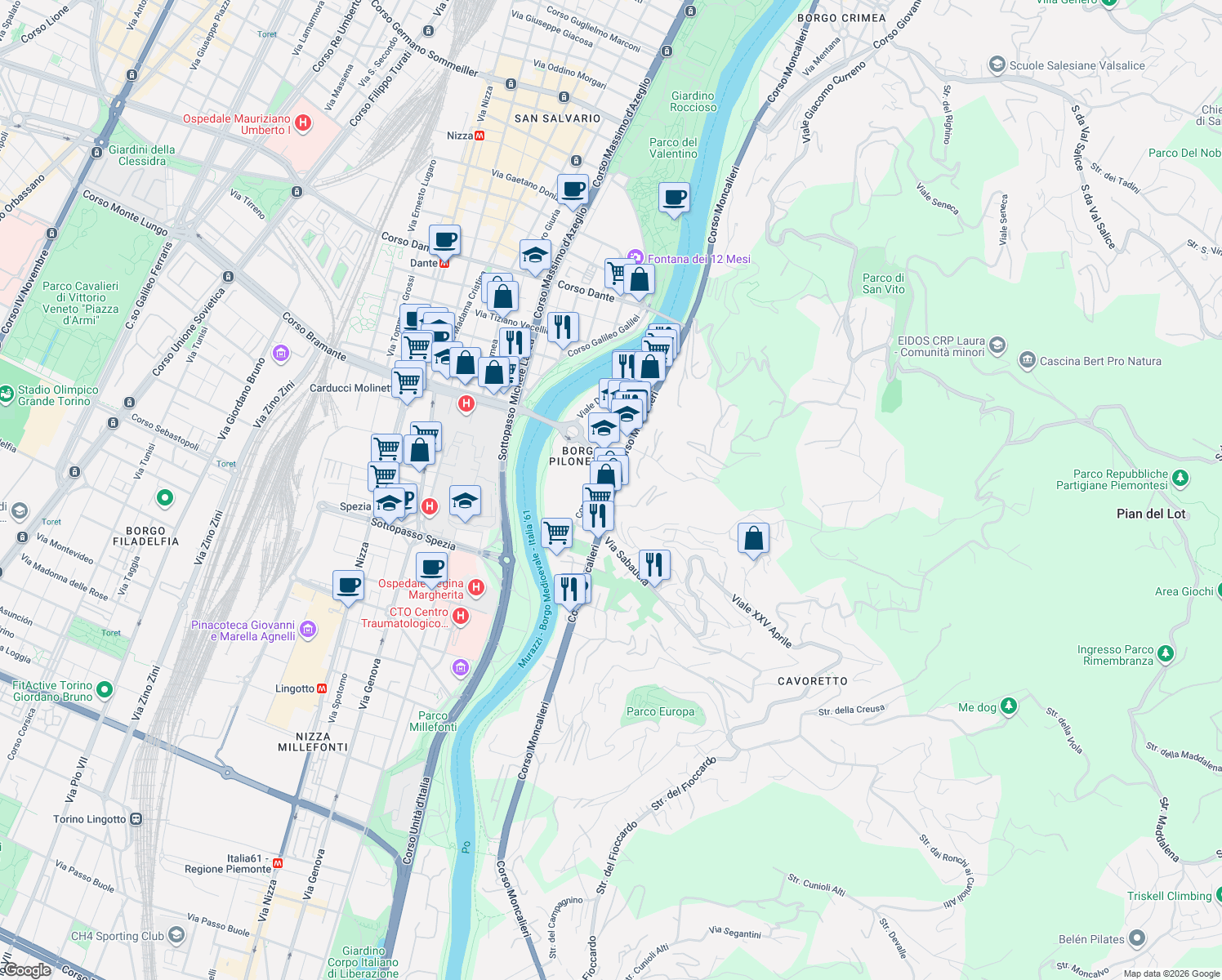 map of restaurants, bars, coffee shops, grocery stores, and more near 234 Corso Moncalieri in Torino