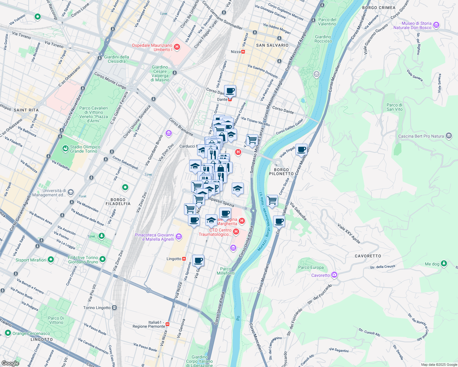 map of restaurants, bars, coffee shops, grocery stores, and more near 13 Via Cherasco in Torino