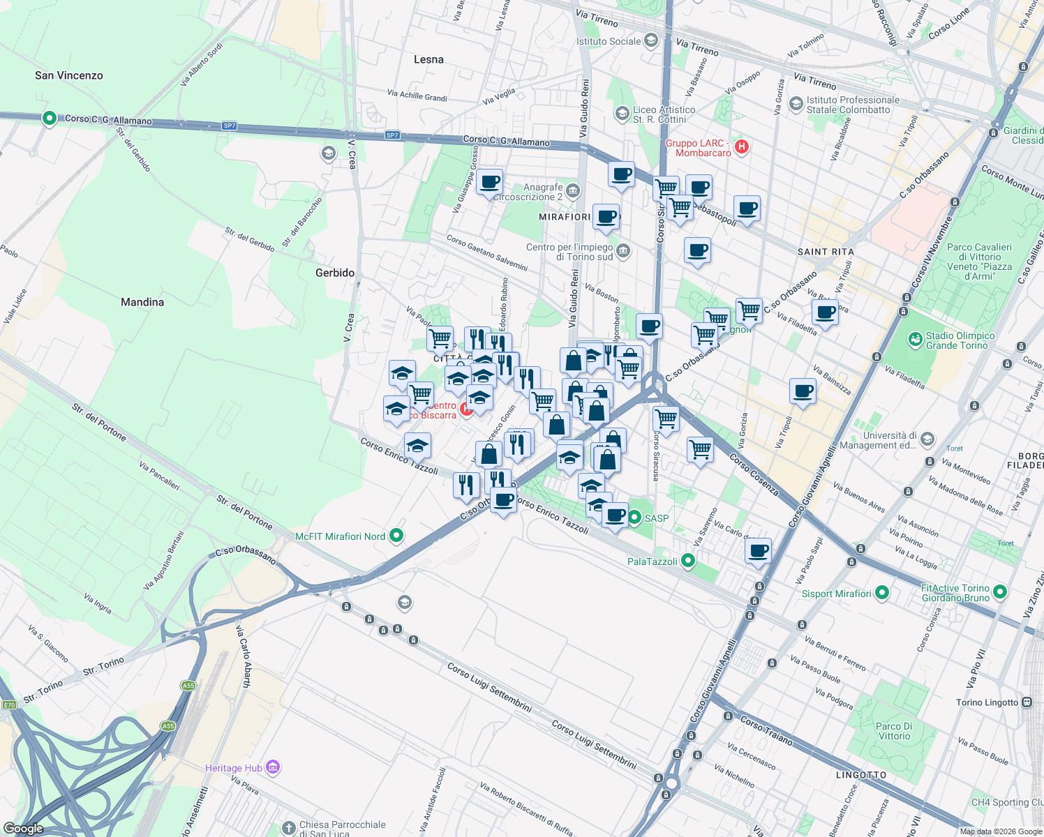 map of restaurants, bars, coffee shops, grocery stores, and more near 4-10 Via Giorgio Bellono in Turin