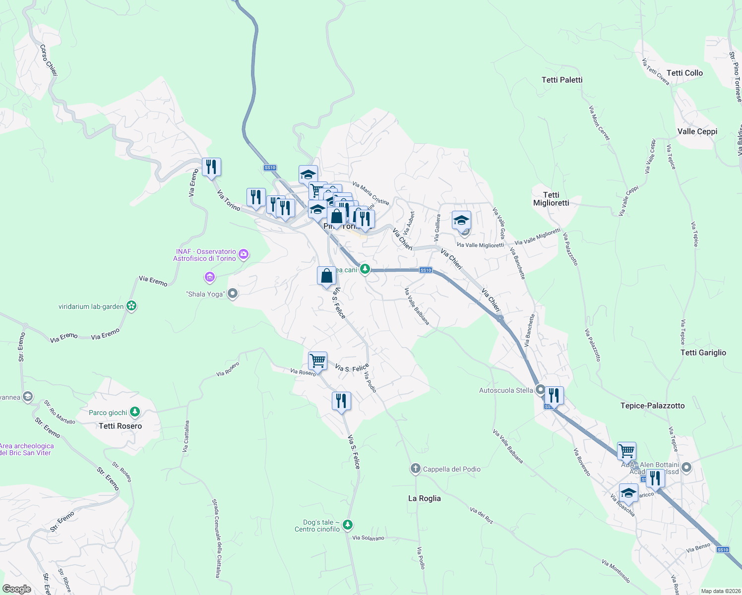 map of restaurants, bars, coffee shops, grocery stores, and more near 7 Strada del Rio Vallero in Pino Torinese