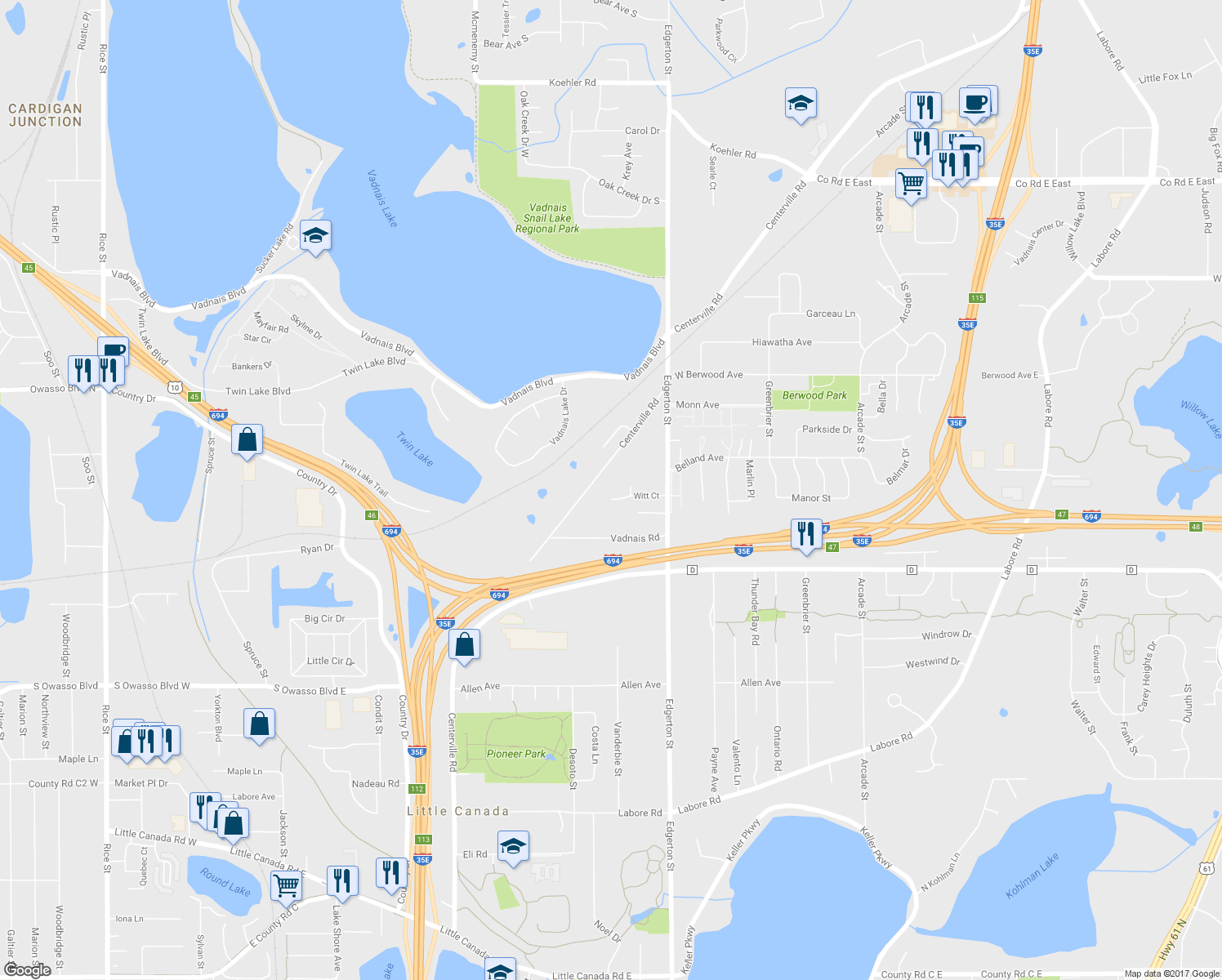map of restaurants, bars, coffee shops, grocery stores, and more near 515 Witt Court in Vadnais Heights