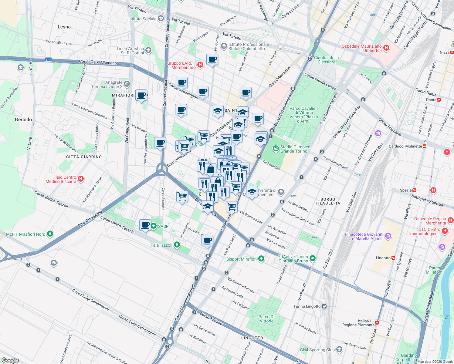 map of restaurants, bars, coffee shops, grocery stores, and more near 137 Piazza Carlo Montanari in Torino