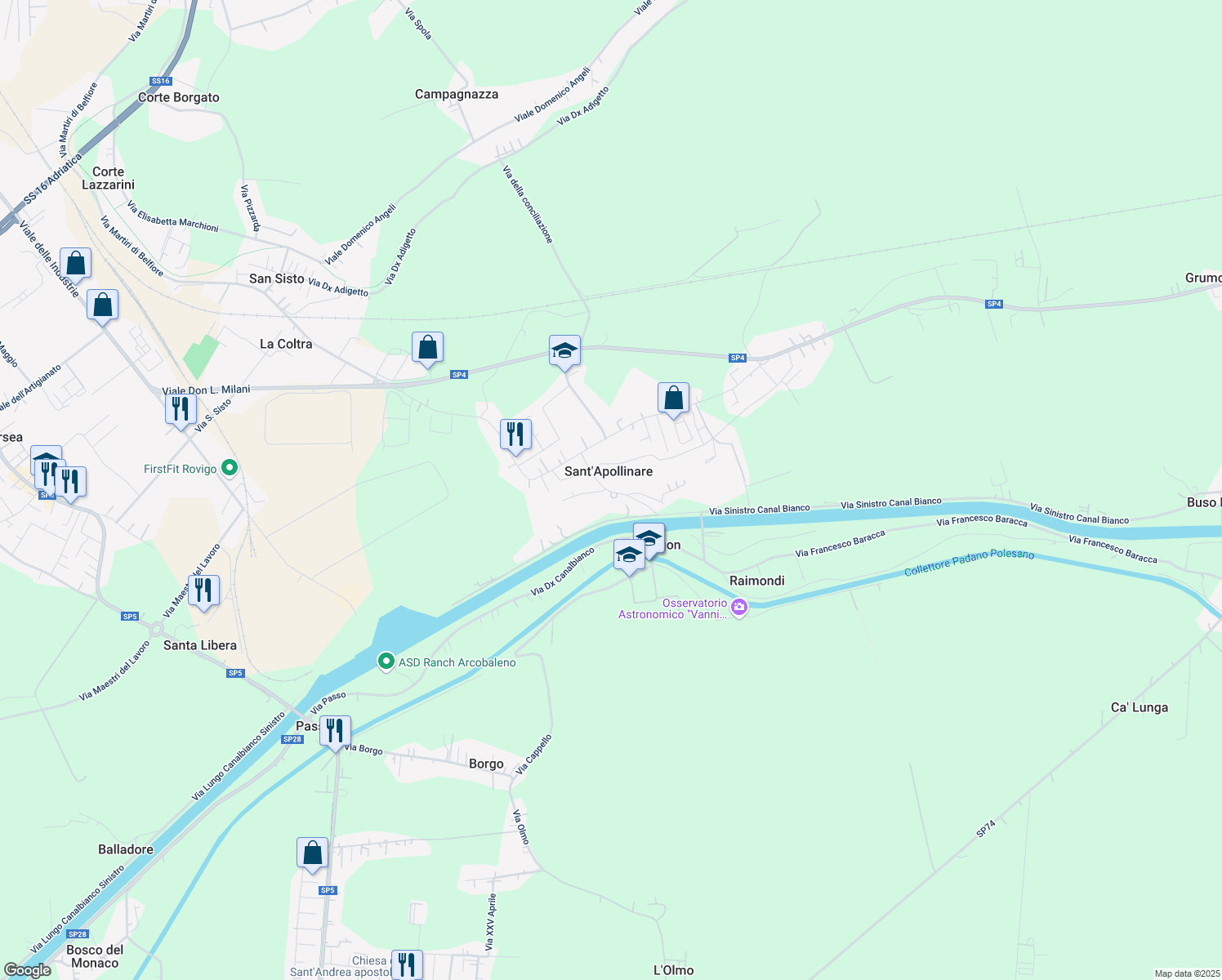 map of restaurants, bars, coffee shops, grocery stores, and more near 19 Via Tommaso Bergamo in Sant'Apollinare
