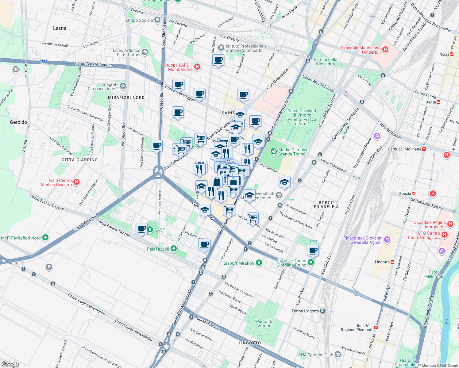 map of restaurants, bars, coffee shops, grocery stores, and more near 137 Piazza Carlo Montanari in Torino