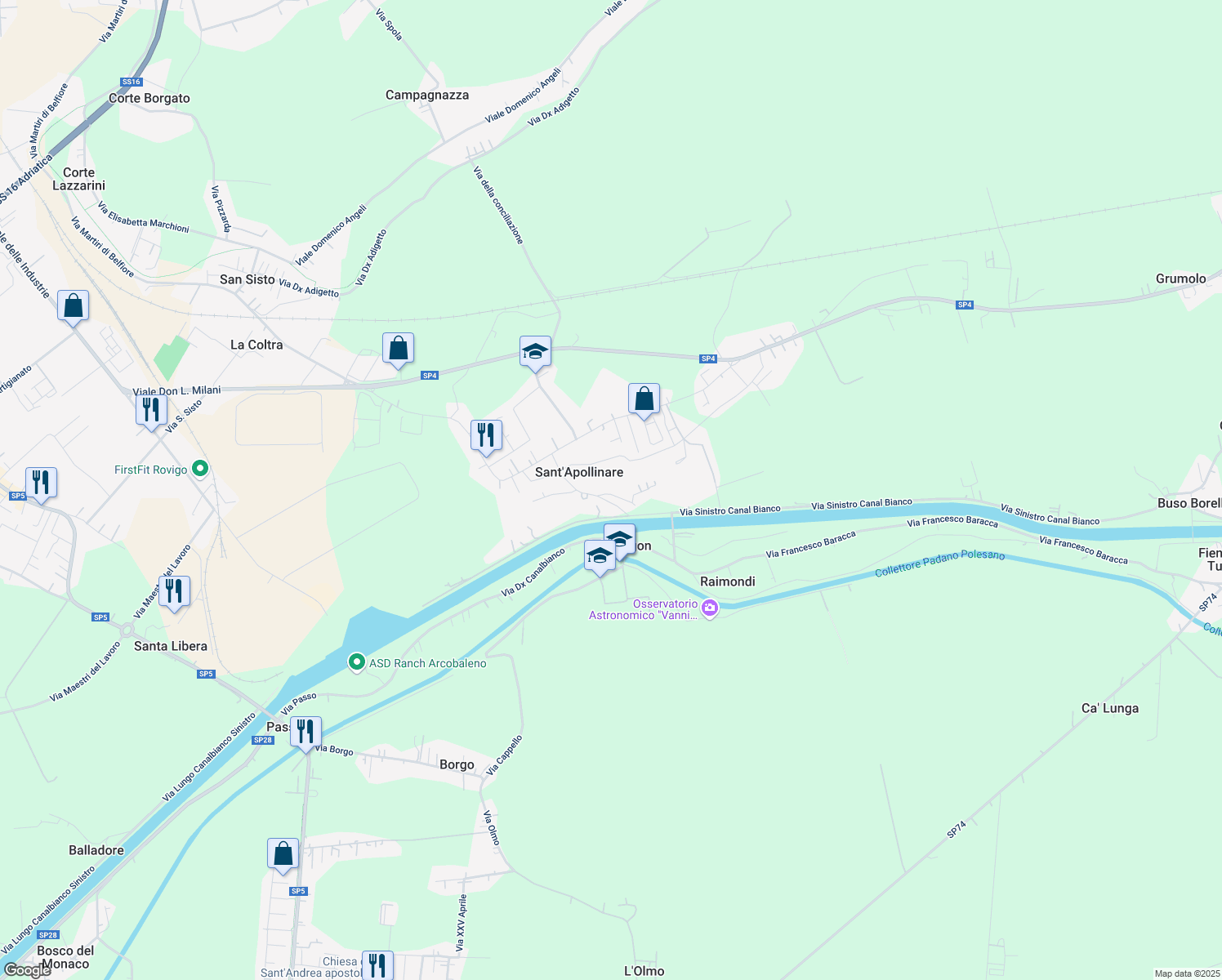 map of restaurants, bars, coffee shops, grocery stores, and more near 27 Via Tommaso Bergamo in Sant'Apollinare