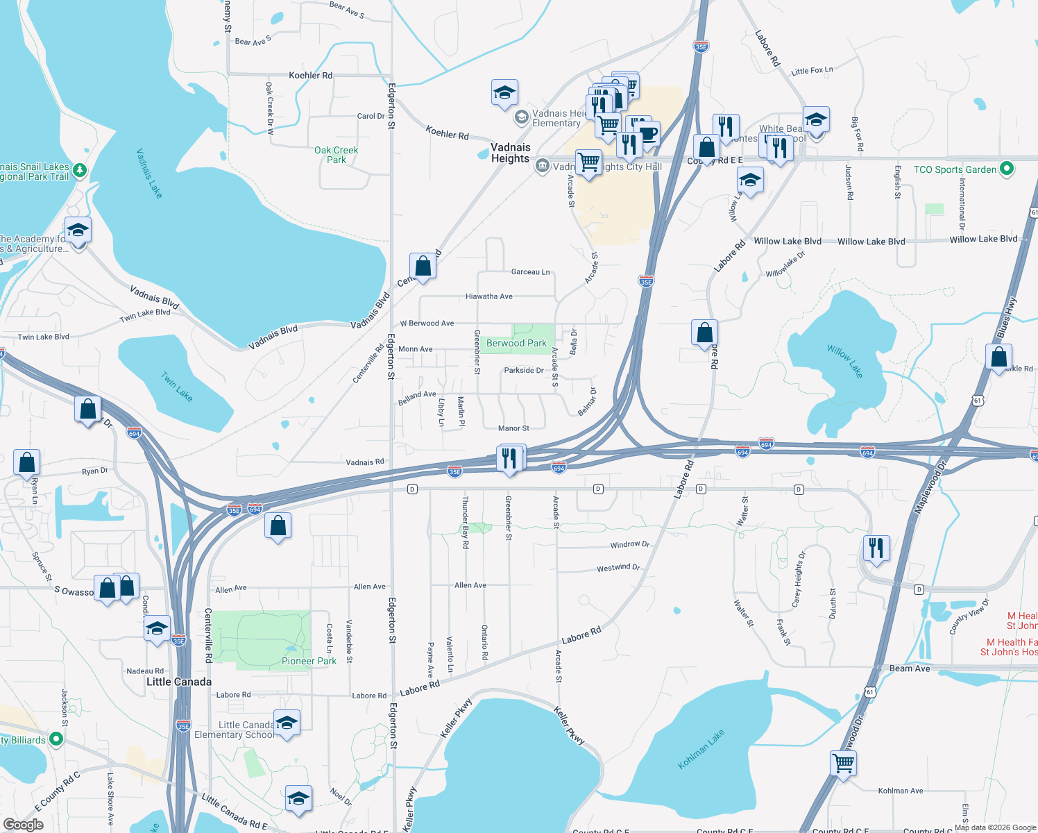 map of restaurants, bars, coffee shops, grocery stores, and more near 3231 Ridgewood Avenue in Vadnais Heights