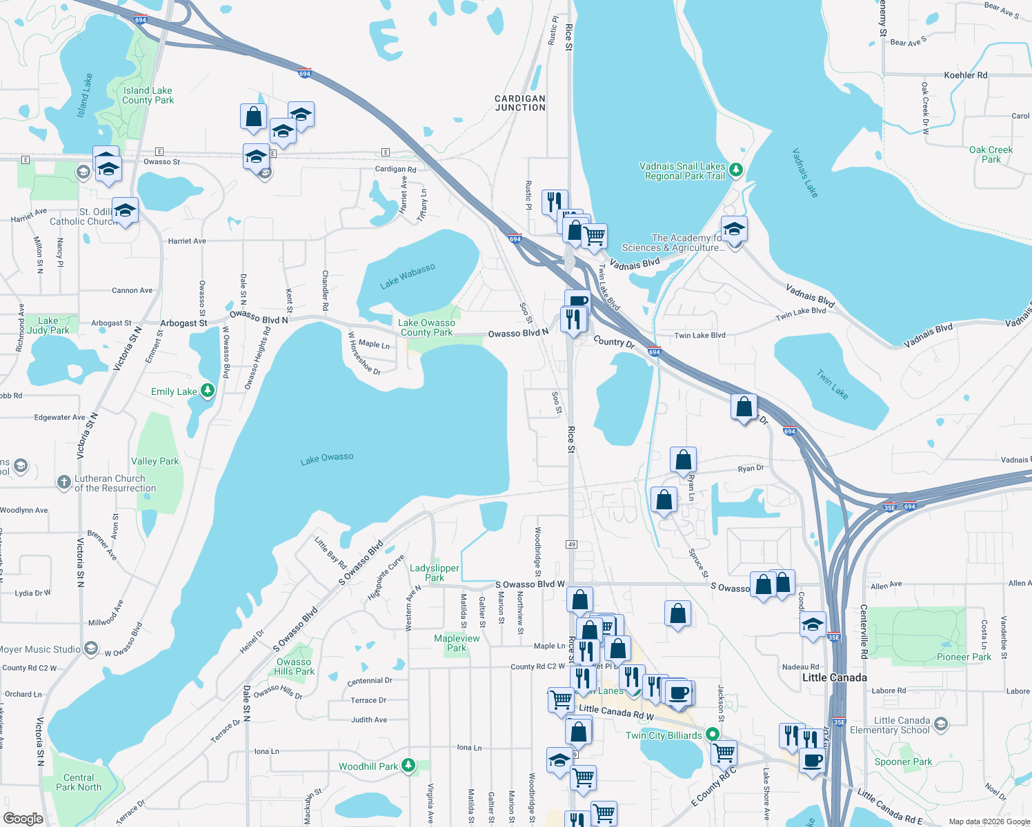 map of restaurants, bars, coffee shops, grocery stores, and more near 3225 Woodbridge Street in Shoreview