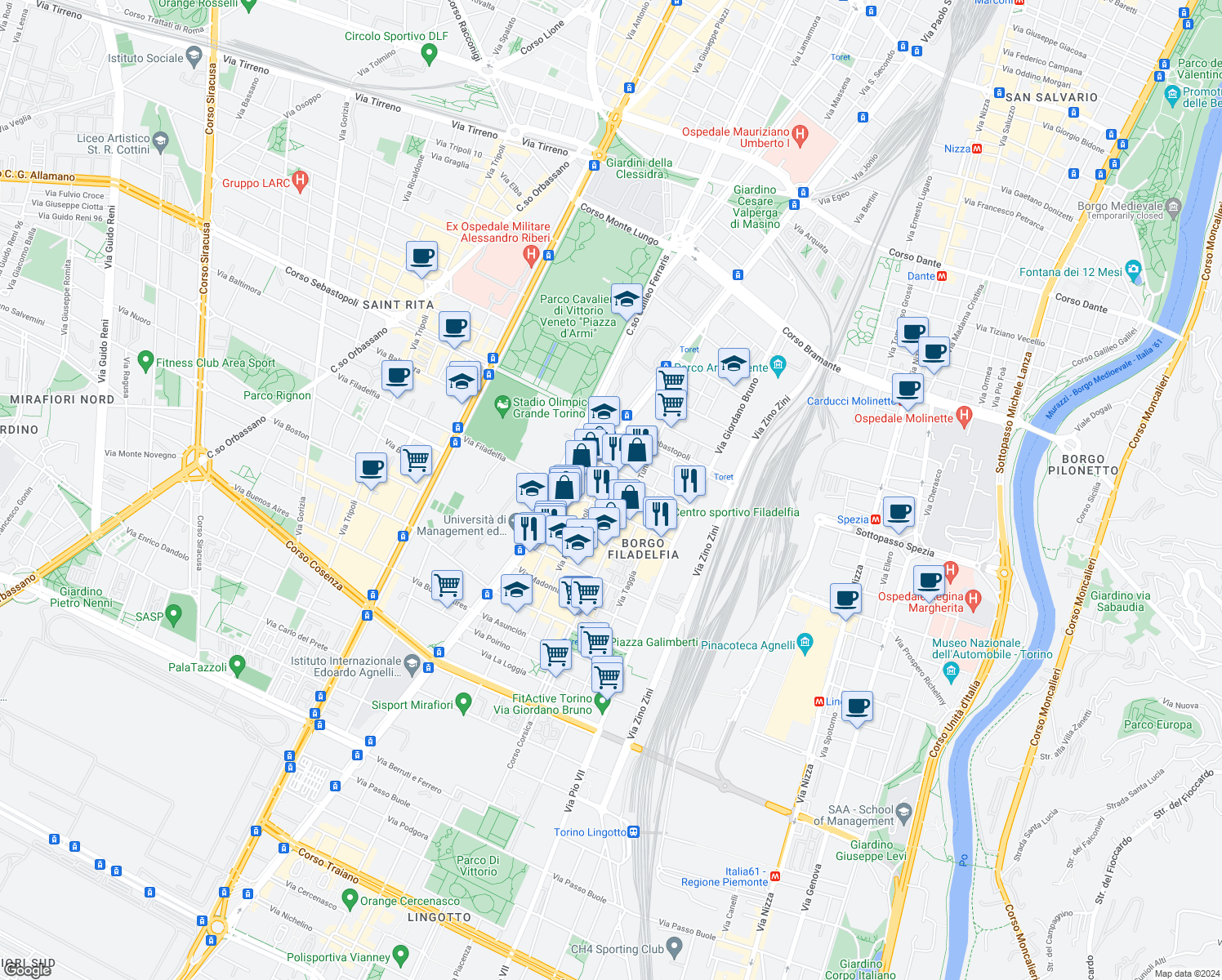 map of restaurants, bars, coffee shops, grocery stores, and more near 55 Via Filadelfia in Torino