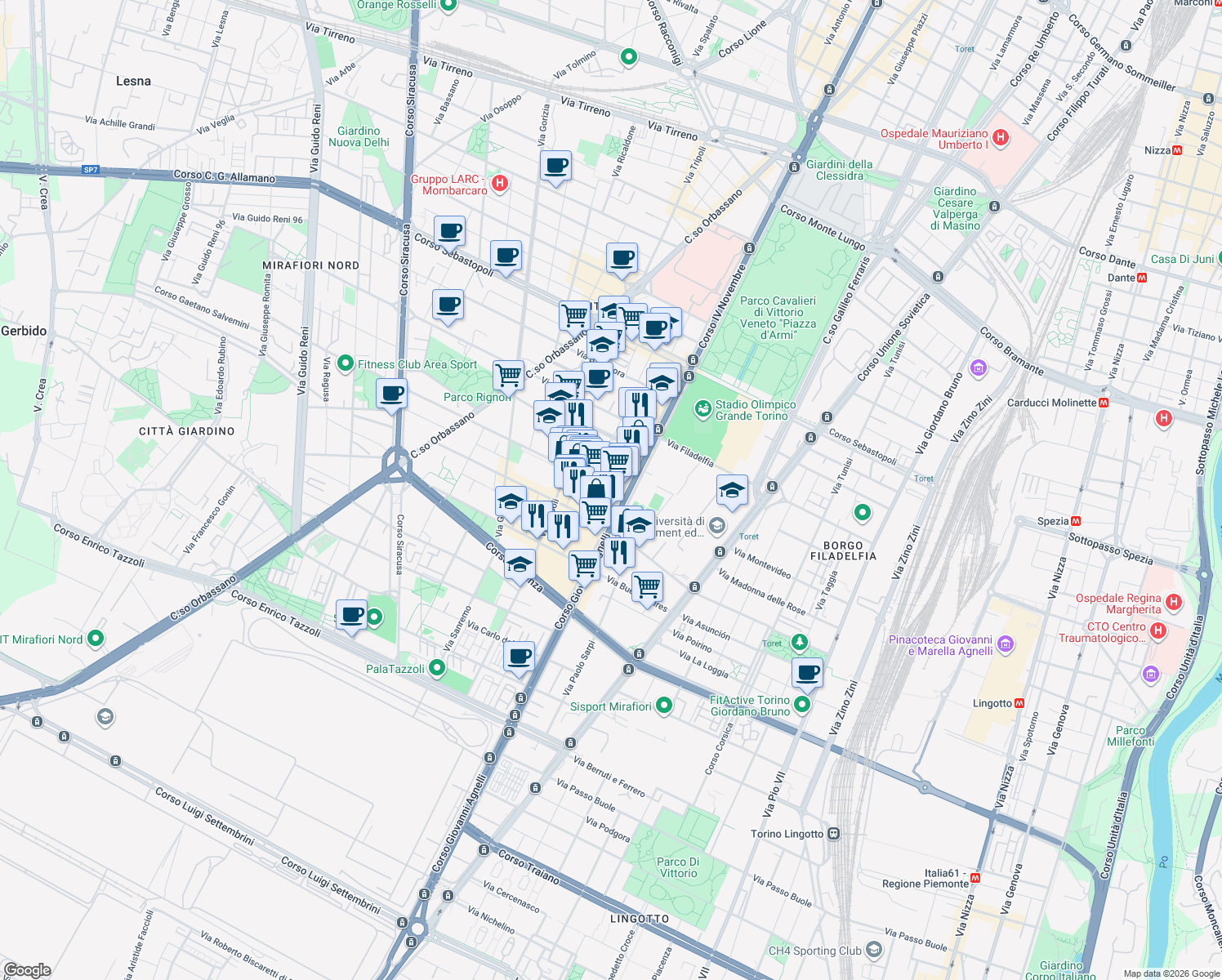 map of restaurants, bars, coffee shops, grocery stores, and more near 5 Via Boston in Turin