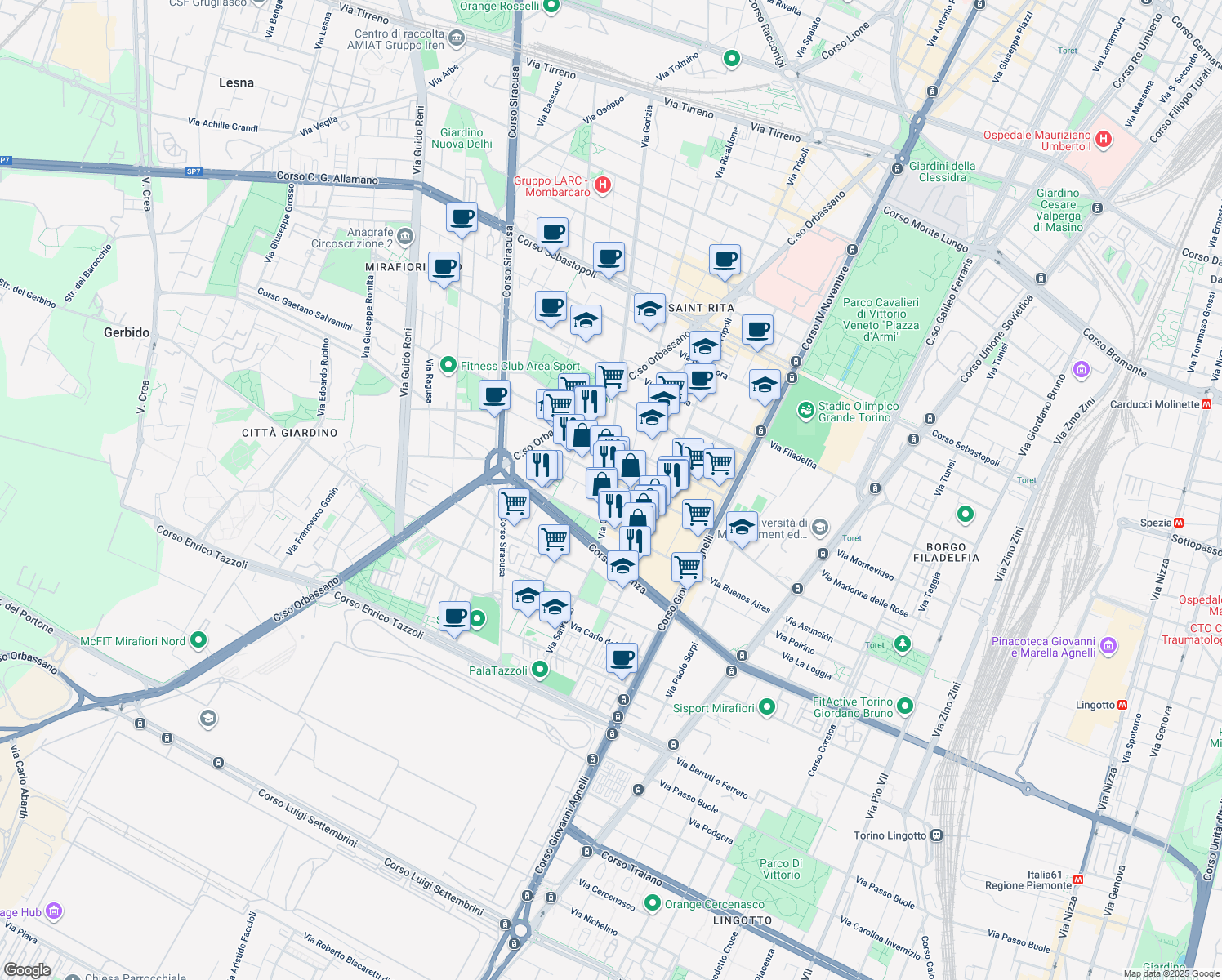 map of restaurants, bars, coffee shops, grocery stores, and more near 184 Via Gorizia in Turin