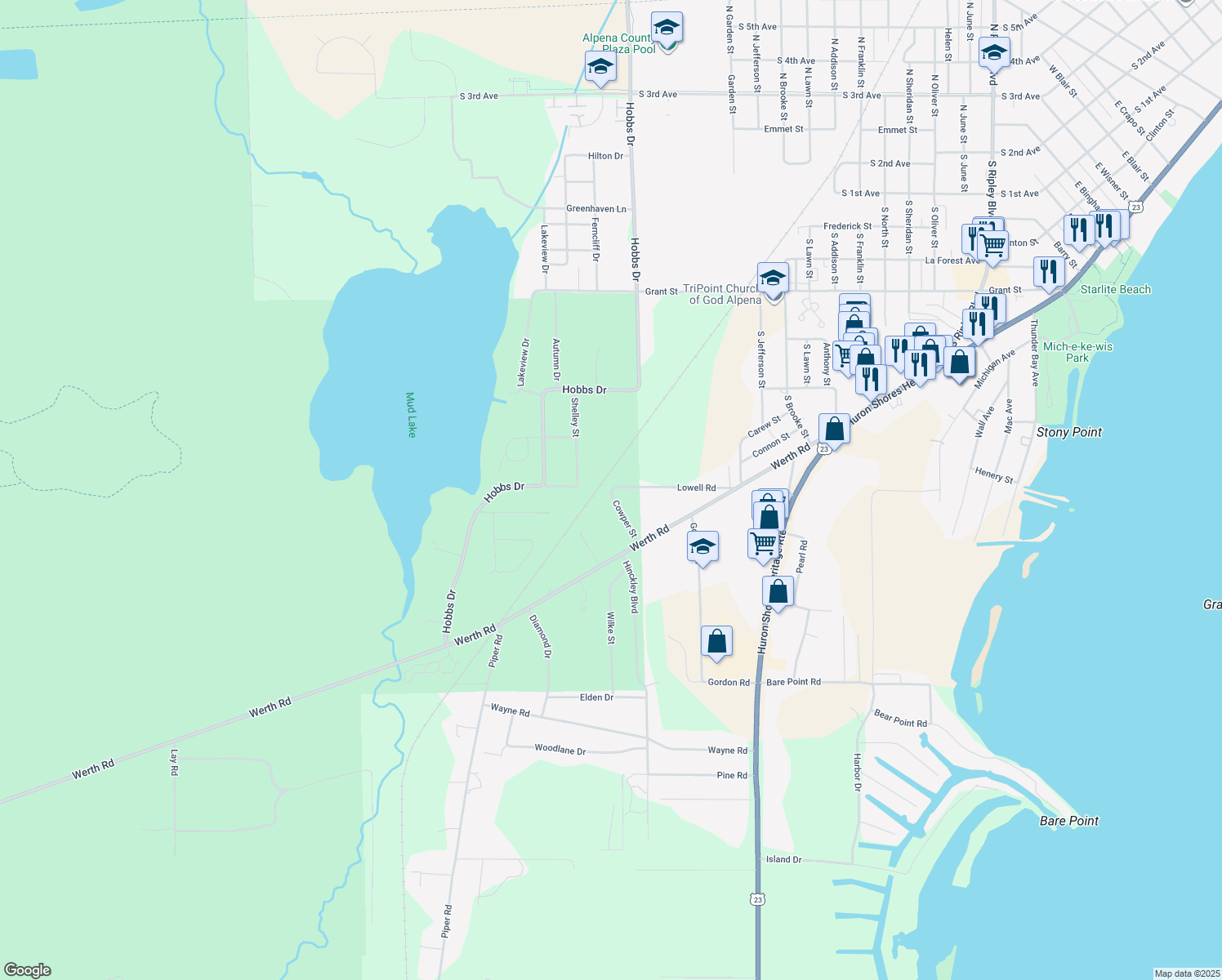 map of restaurants, bars, coffee shops, grocery stores, and more near 912 Cowper St in Alpena
