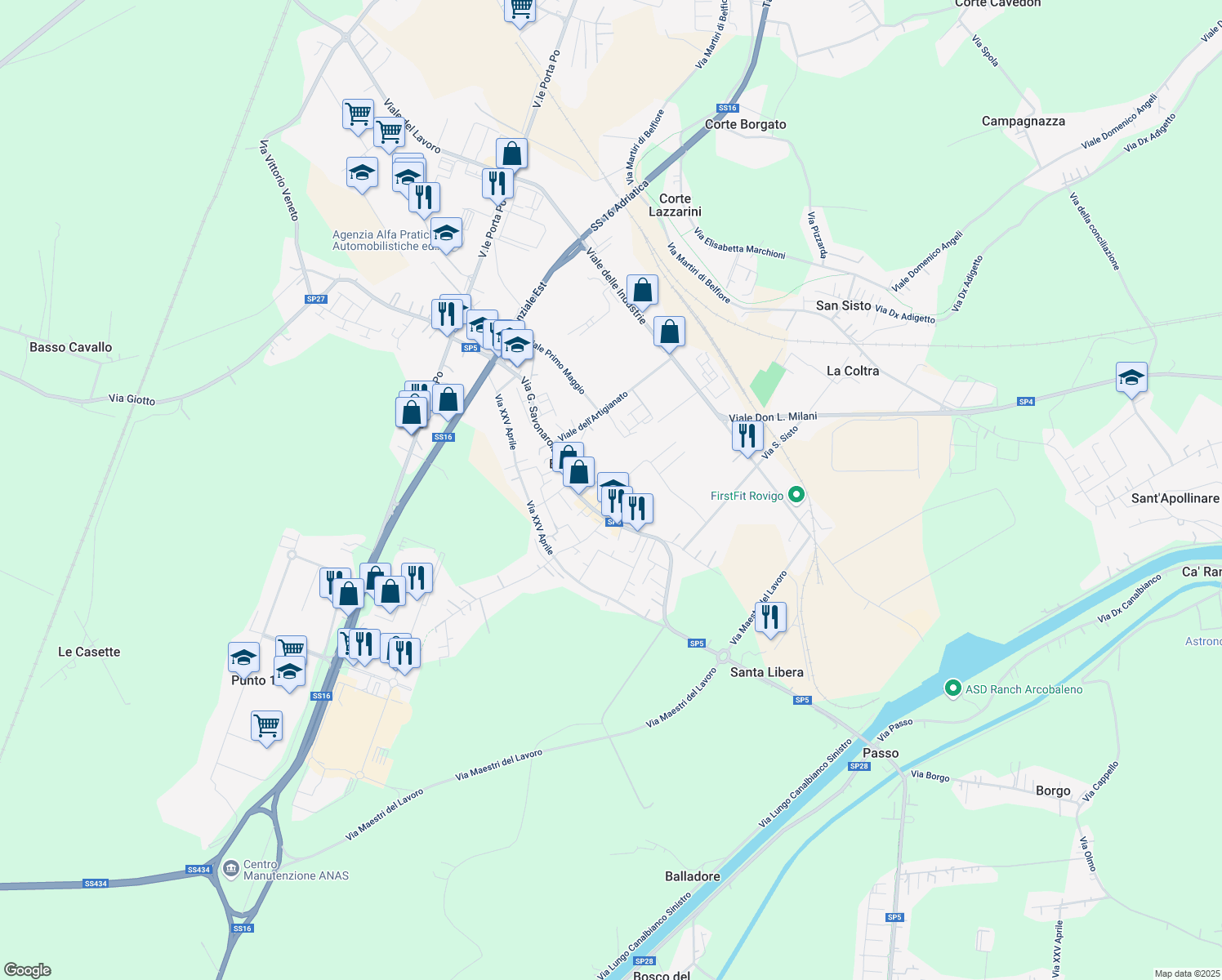 map of restaurants, bars, coffee shops, grocery stores, and more near 3B Via Giacomo Matteotti in Rovigo