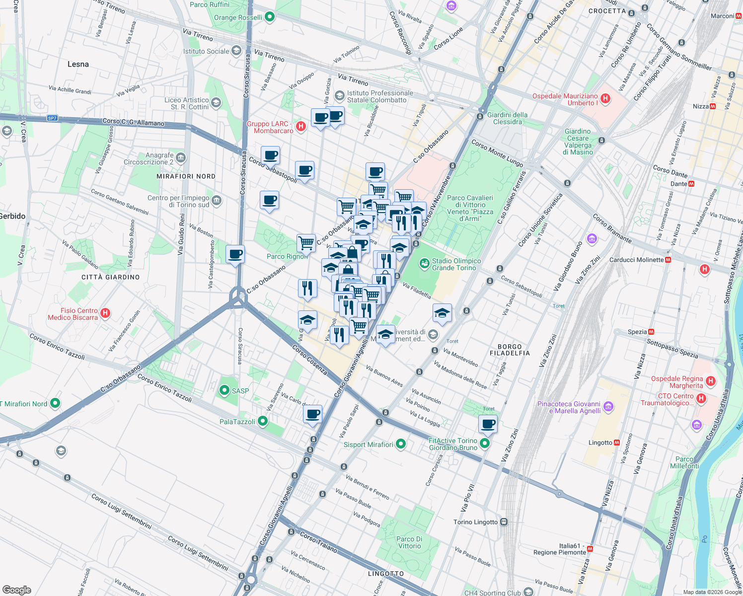 map of restaurants, bars, coffee shops, grocery stores, and more near 14 Via Bainsizza in Turin