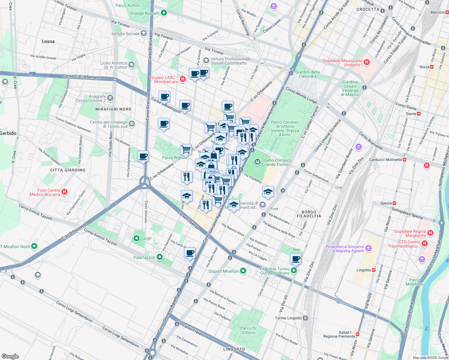 map of restaurants, bars, coffee shops, grocery stores, and more near 14 Via Bainsizza in Torino