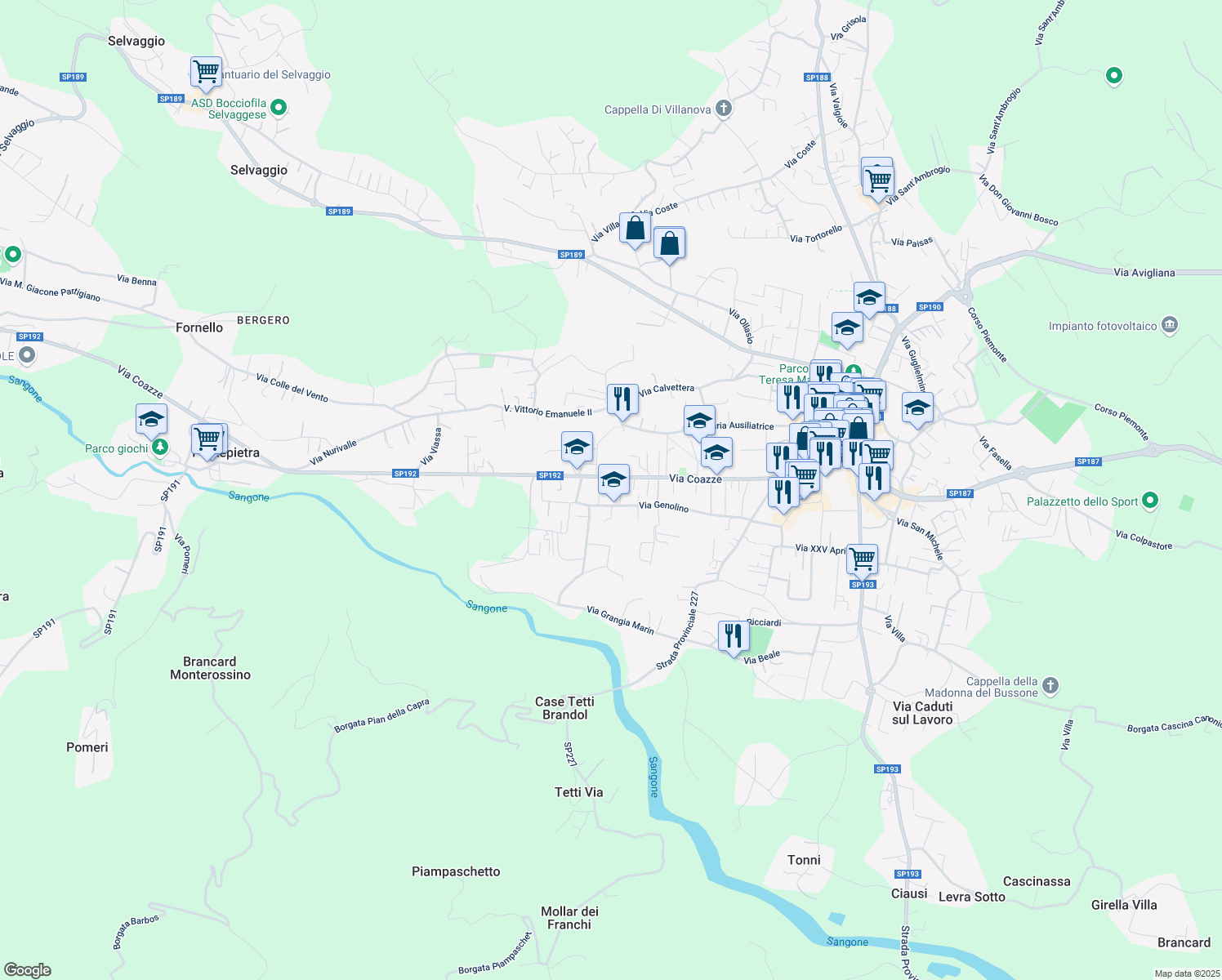 map of restaurants, bars, coffee shops, grocery stores, and more near 147 Via Coazze in Giaveno