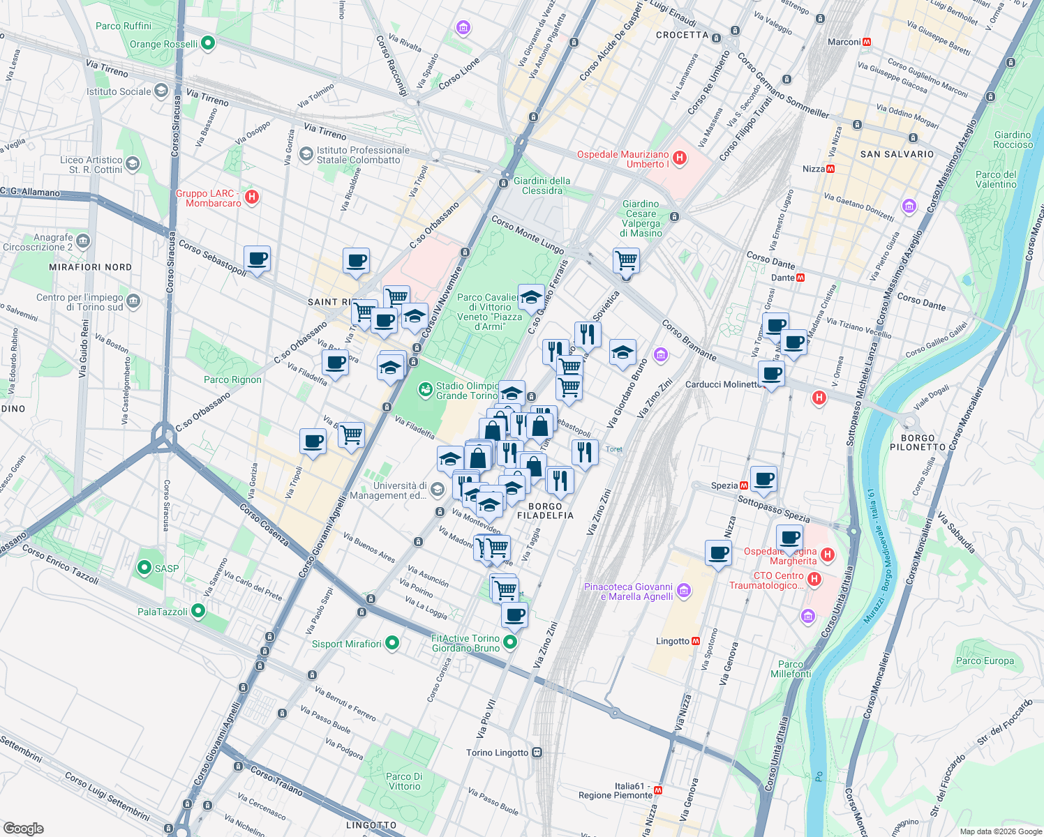 map of restaurants, bars, coffee shops, grocery stores, and more near 2-6 Via Mario Leoni in Torino