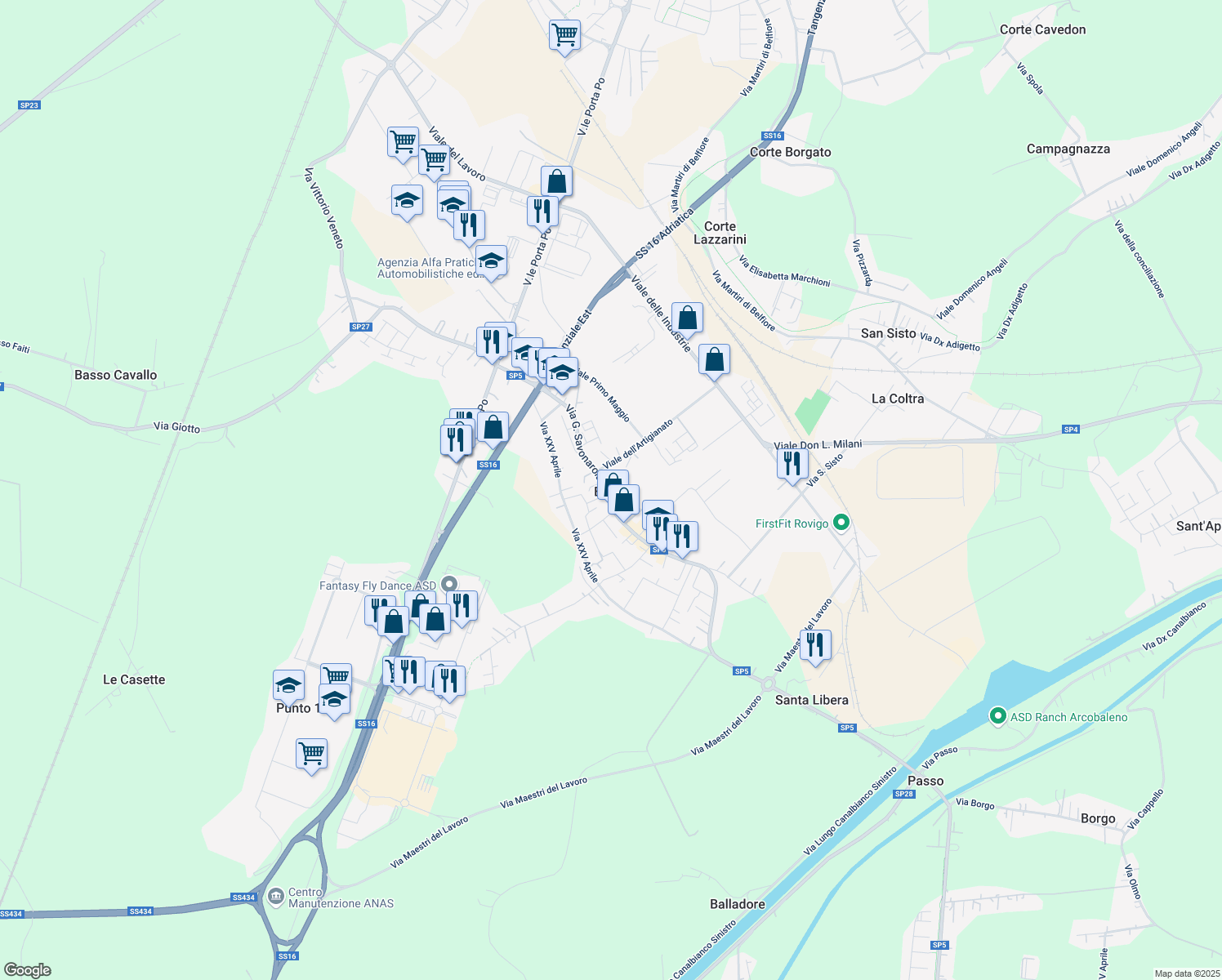 map of restaurants, bars, coffee shops, grocery stores, and more near 54 Via Girolamo Savonarola in Rovigo