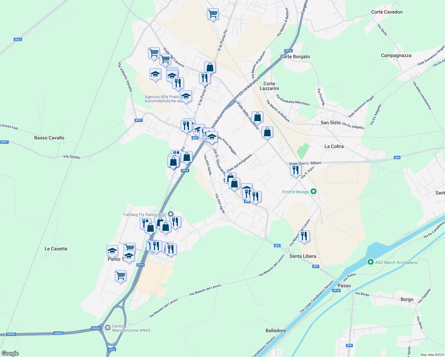 map of restaurants, bars, coffee shops, grocery stores, and more near 54 Via G. Savonarola in Rovigo