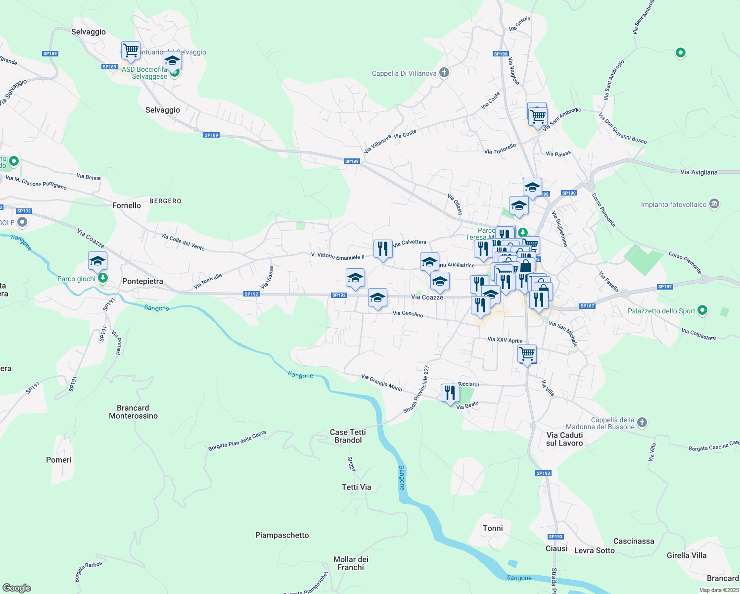 map of restaurants, bars, coffee shops, grocery stores, and more near 147 Via Coazze in Giaveno