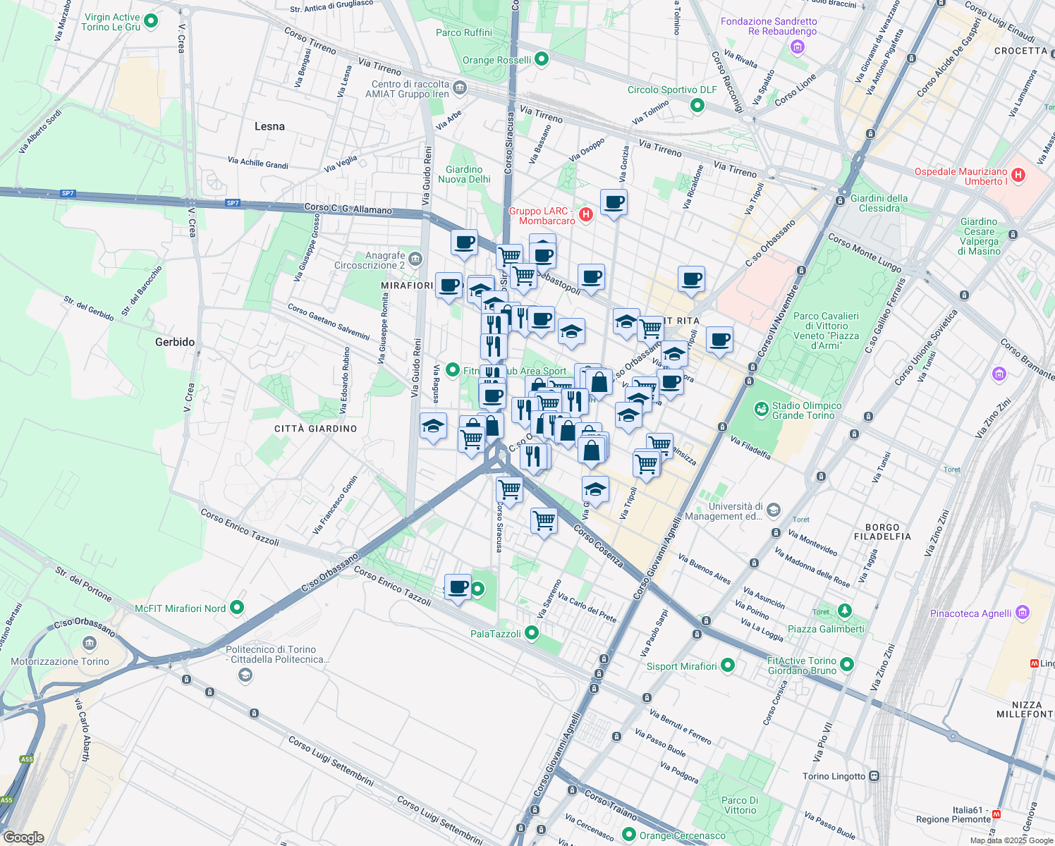 map of restaurants, bars, coffee shops, grocery stores, and more near 224 Corso Orbassano in Torino