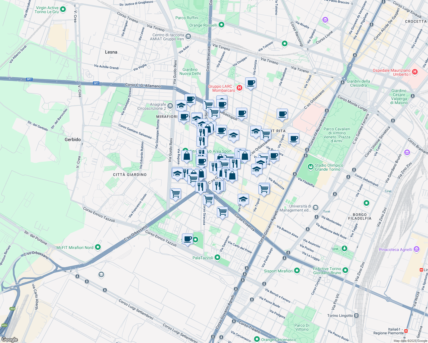 map of restaurants, bars, coffee shops, grocery stores, and more near Corso Orbassano 224 in Torino