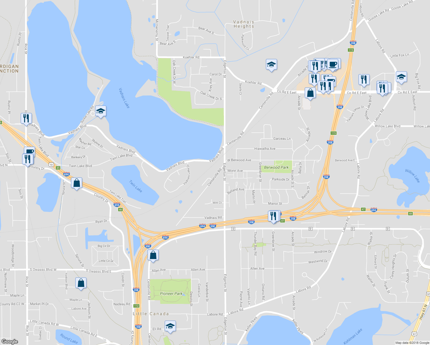 map of restaurants, bars, coffee shops, grocery stores, and more near 3315 Centerville Road in Vadnais Heights