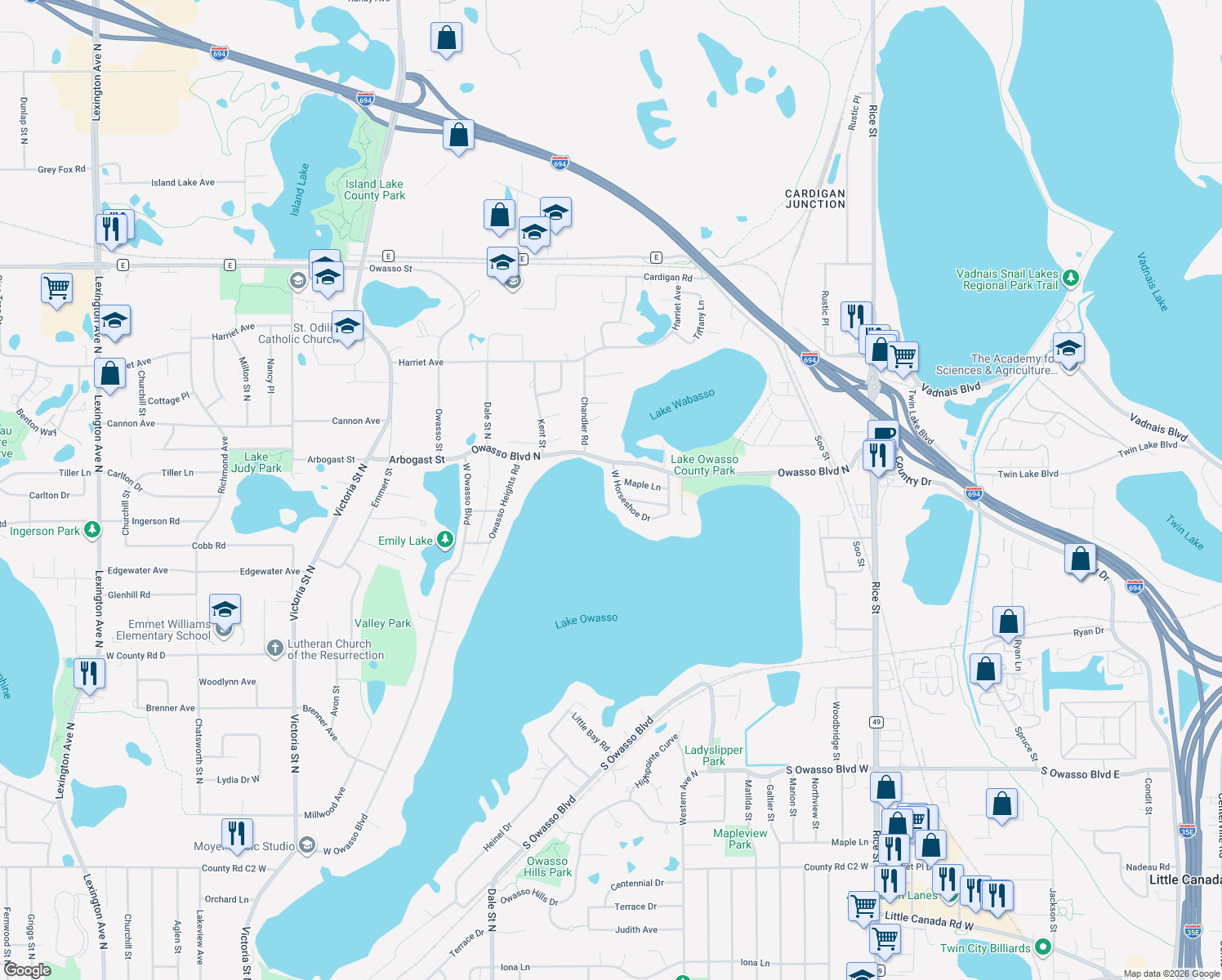 map of restaurants, bars, coffee shops, grocery stores, and more near 454 West Horseshoe Drive in Shoreview