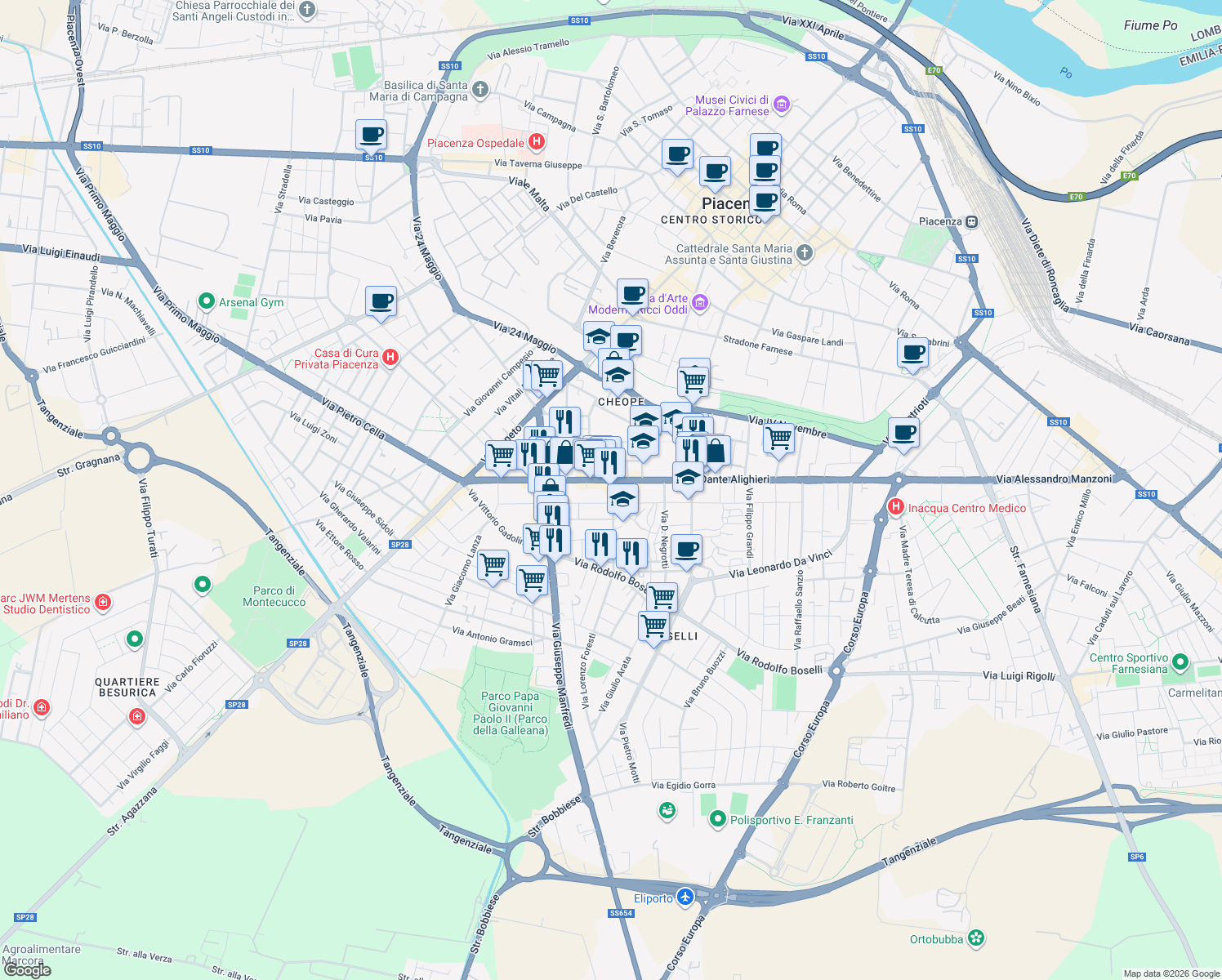 map of restaurants, bars, coffee shops, grocery stores, and more near 1 Via Francesco Durante in Piacenza
