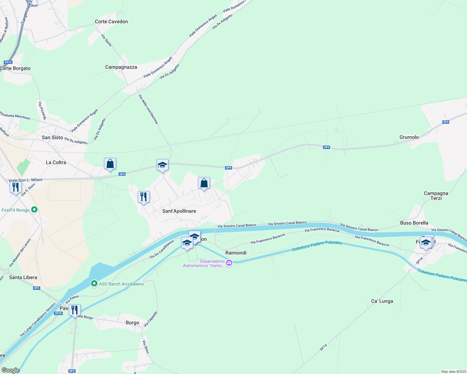 map of restaurants, bars, coffee shops, grocery stores, and more near 58 Via Mario Malfatto in Sant'Apollinare