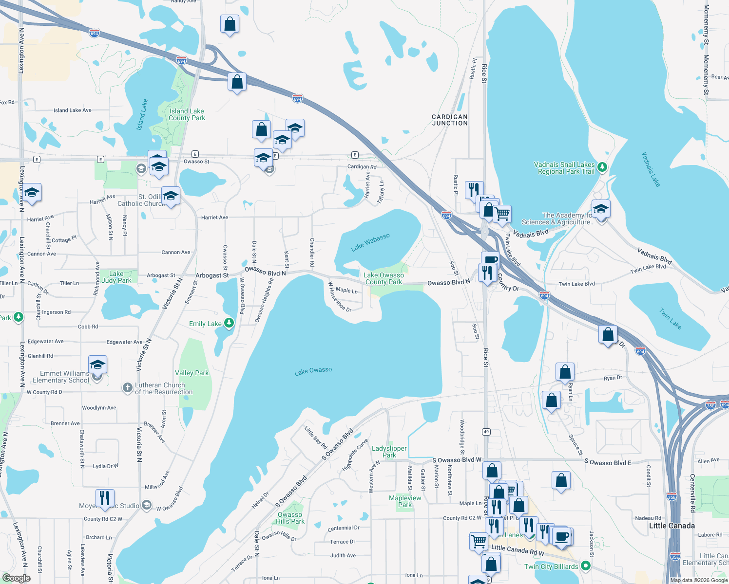 map of restaurants, bars, coffee shops, grocery stores, and more near 392 Horseshoe Drive East in Shoreview