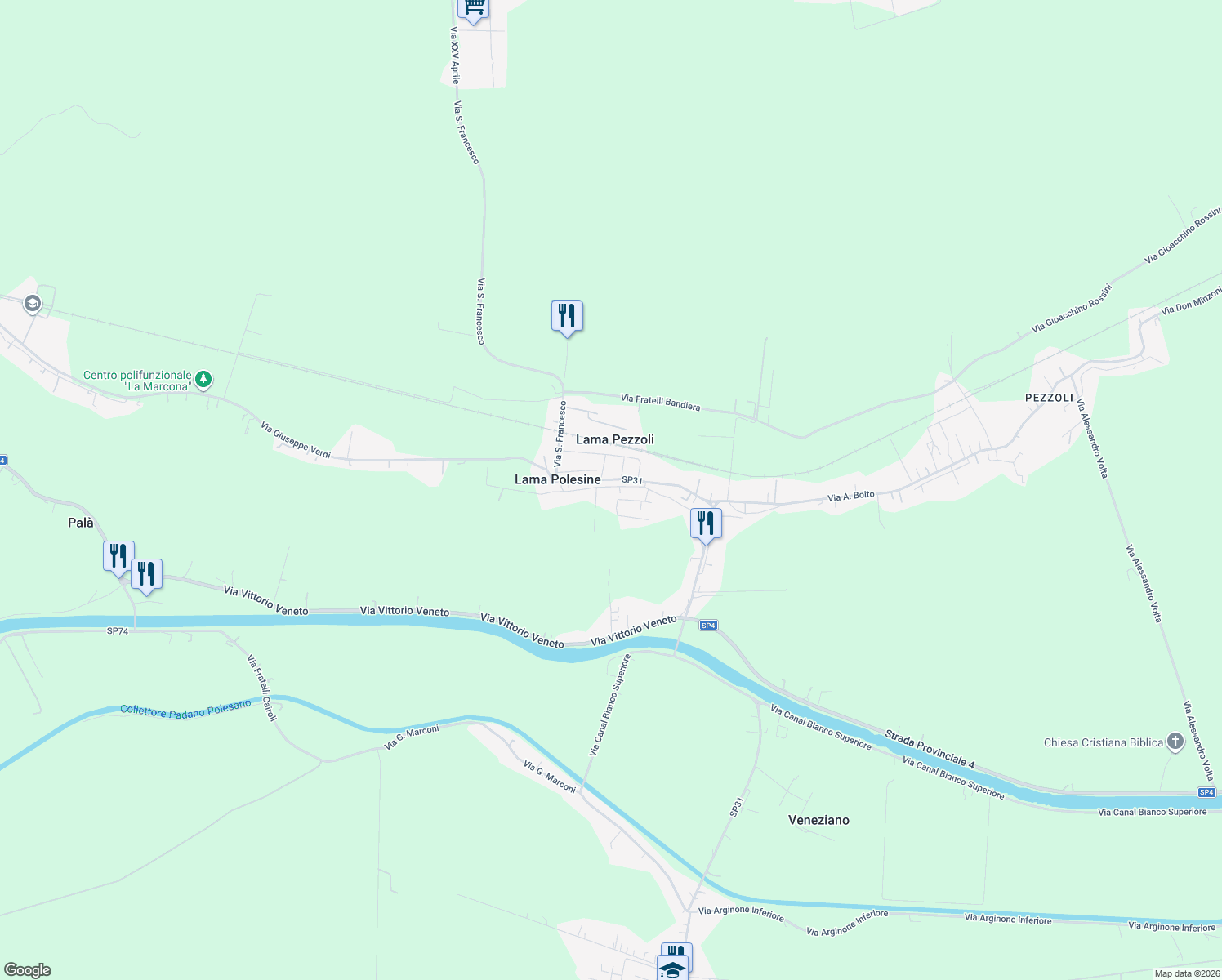 map of restaurants, bars, coffee shops, grocery stores, and more near 624 Via P. Mascagni in Lama Pezzoli