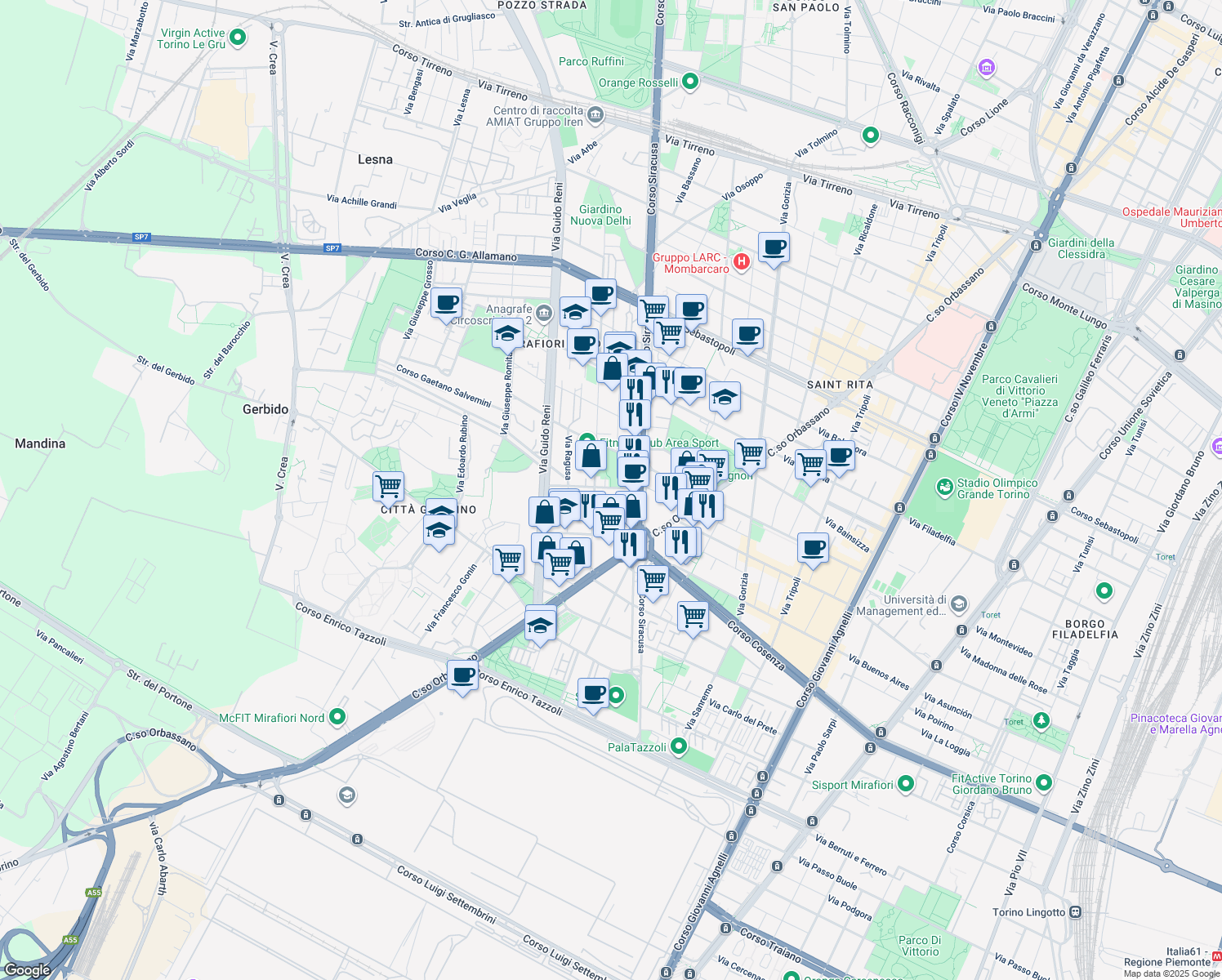 map of restaurants, bars, coffee shops, grocery stores, and more near 13 Via Tempio Pausania in Torino