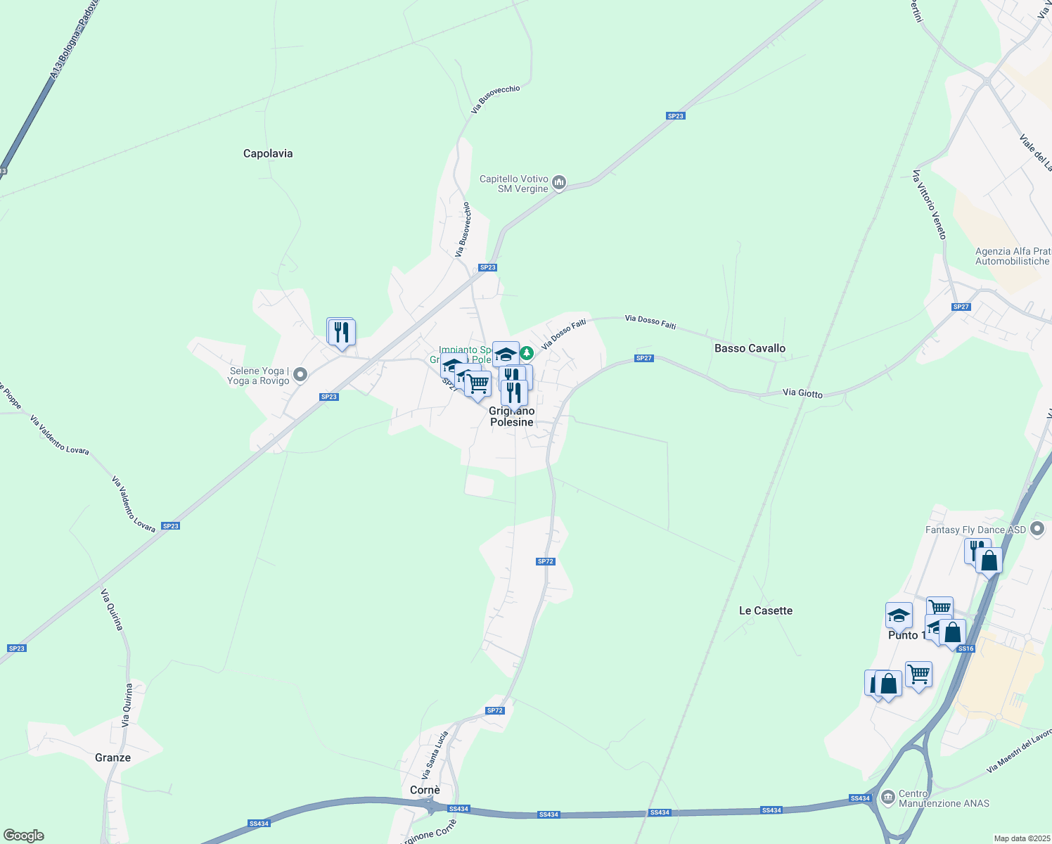 map of restaurants, bars, coffee shops, grocery stores, and more near 1 Via D'Azelio in Grignano Polesine