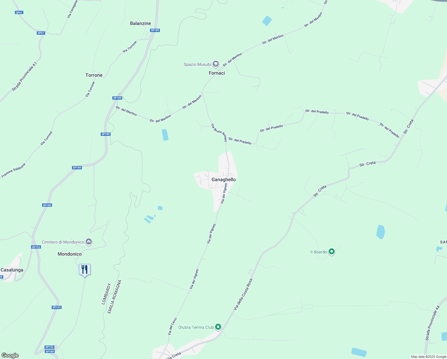 map of restaurants, bars, coffee shops, grocery stores, and more near 30 Via Bruno Armani in Ganaghello