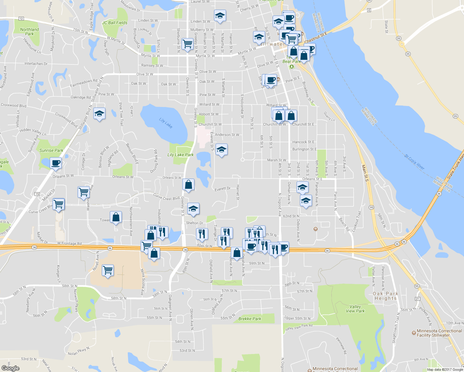 map of restaurants, bars, coffee shops, grocery stores, and more near 706 Everett Drive in Stillwater