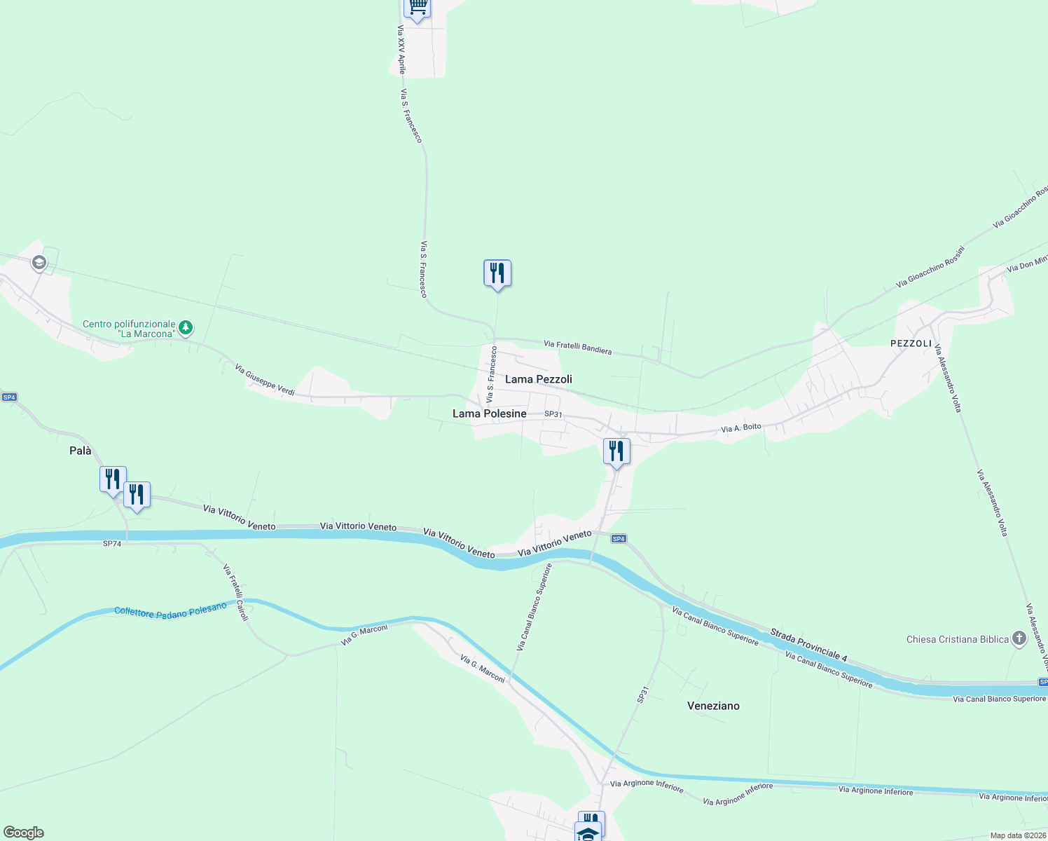 map of restaurants, bars, coffee shops, grocery stores, and more near 624 Via P. Mascagni in Lama Pezzoli