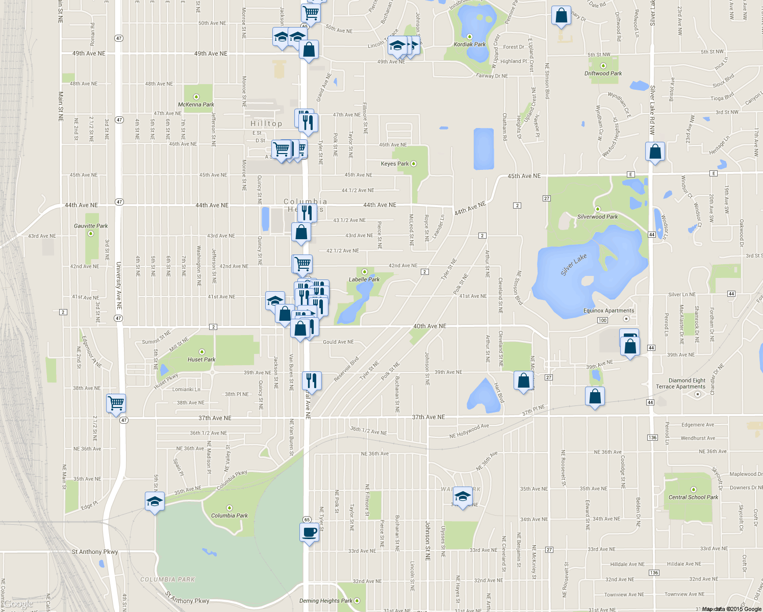 map of restaurants, bars, coffee shops, grocery stores, and more near 1324 Circle Terrace Boulevard Northeast in Columbia Heights