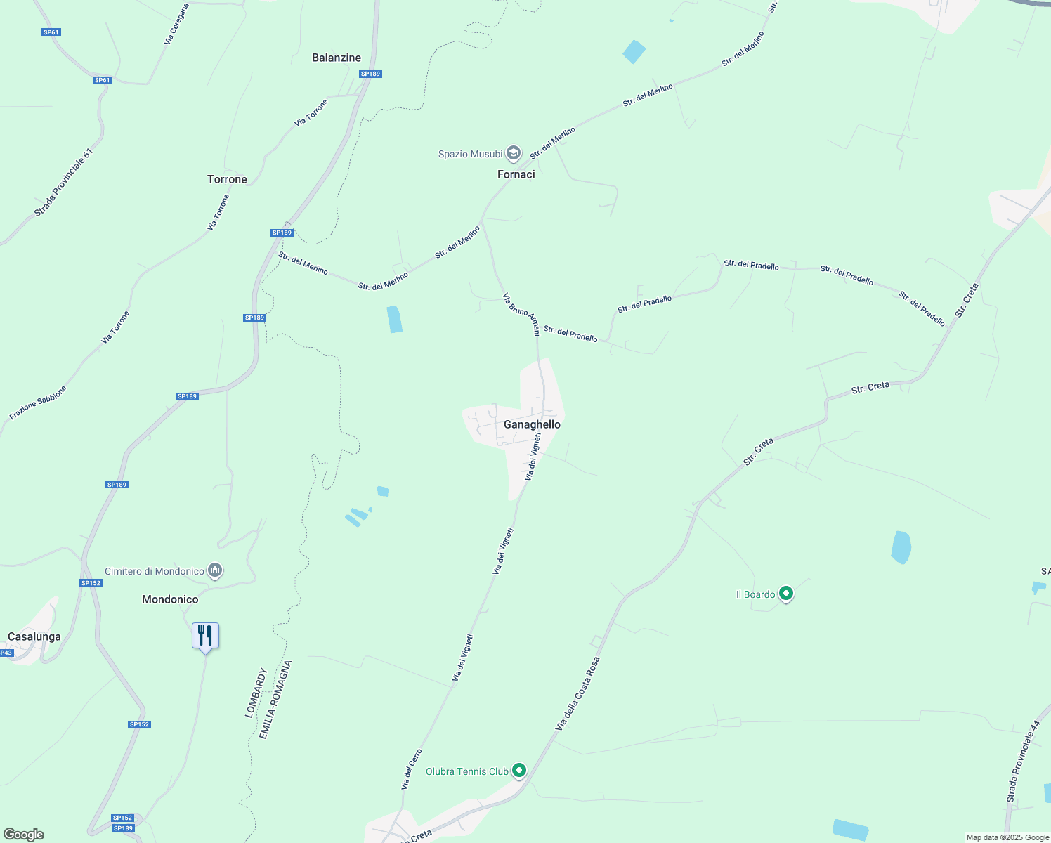 map of restaurants, bars, coffee shops, grocery stores, and more near 30 Via Bruno Armani in Ganaghello