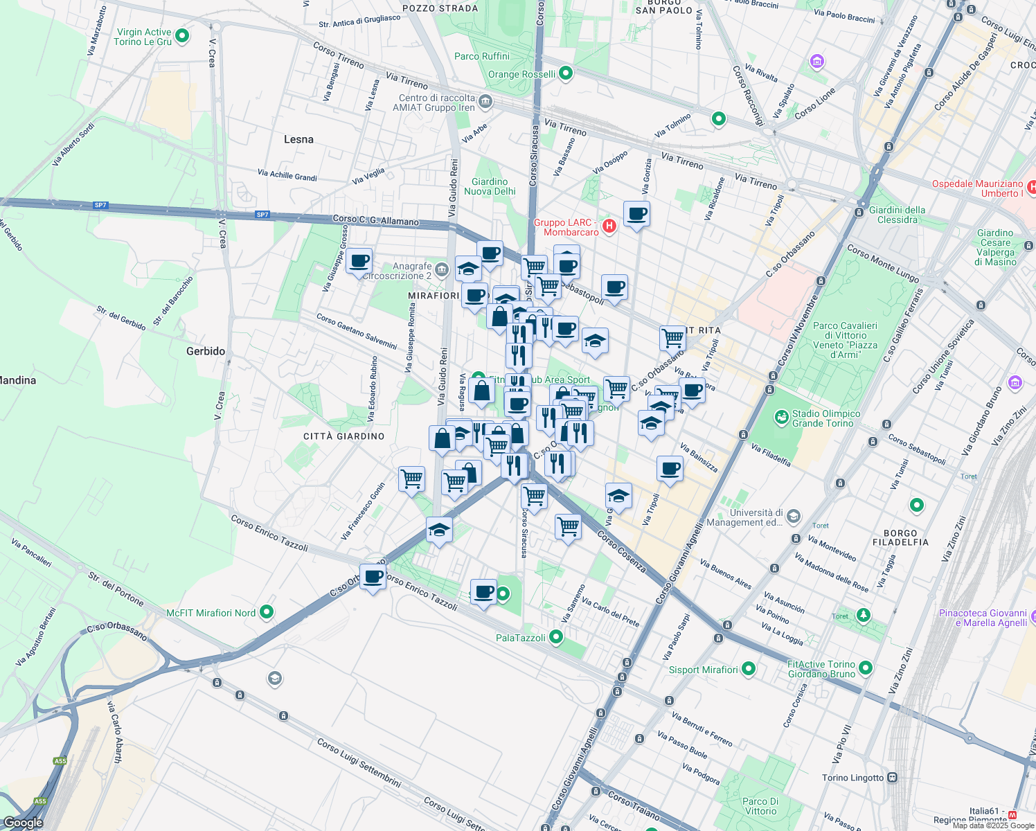 map of restaurants, bars, coffee shops, grocery stores, and more near 1-13 Via Tempio Pausania in Turin