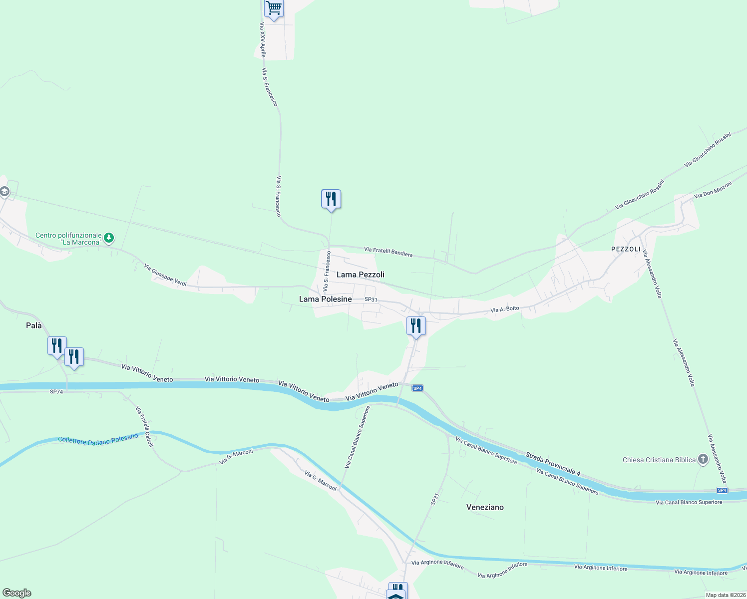 map of restaurants, bars, coffee shops, grocery stores, and more near 756 Via P. Mascagni in Lama Pezzoli