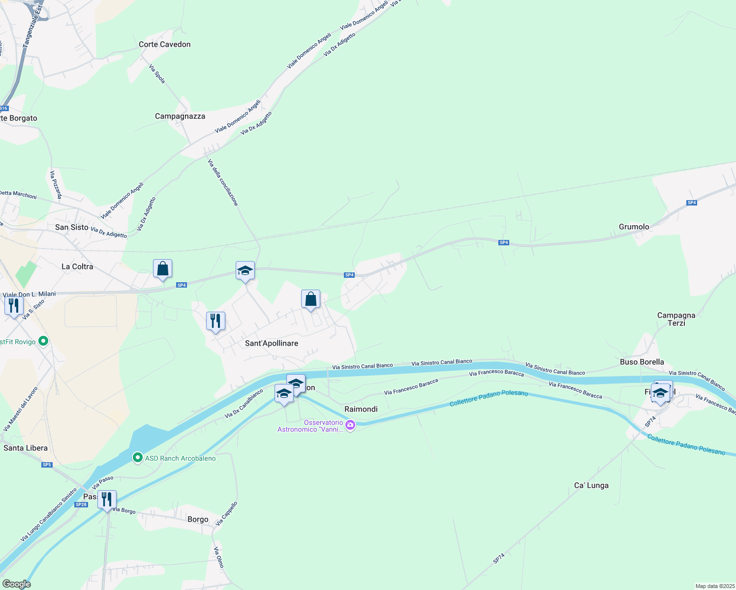 map of restaurants, bars, coffee shops, grocery stores, and more near 58 Via Mario Malfatto in Sant'Apollinare