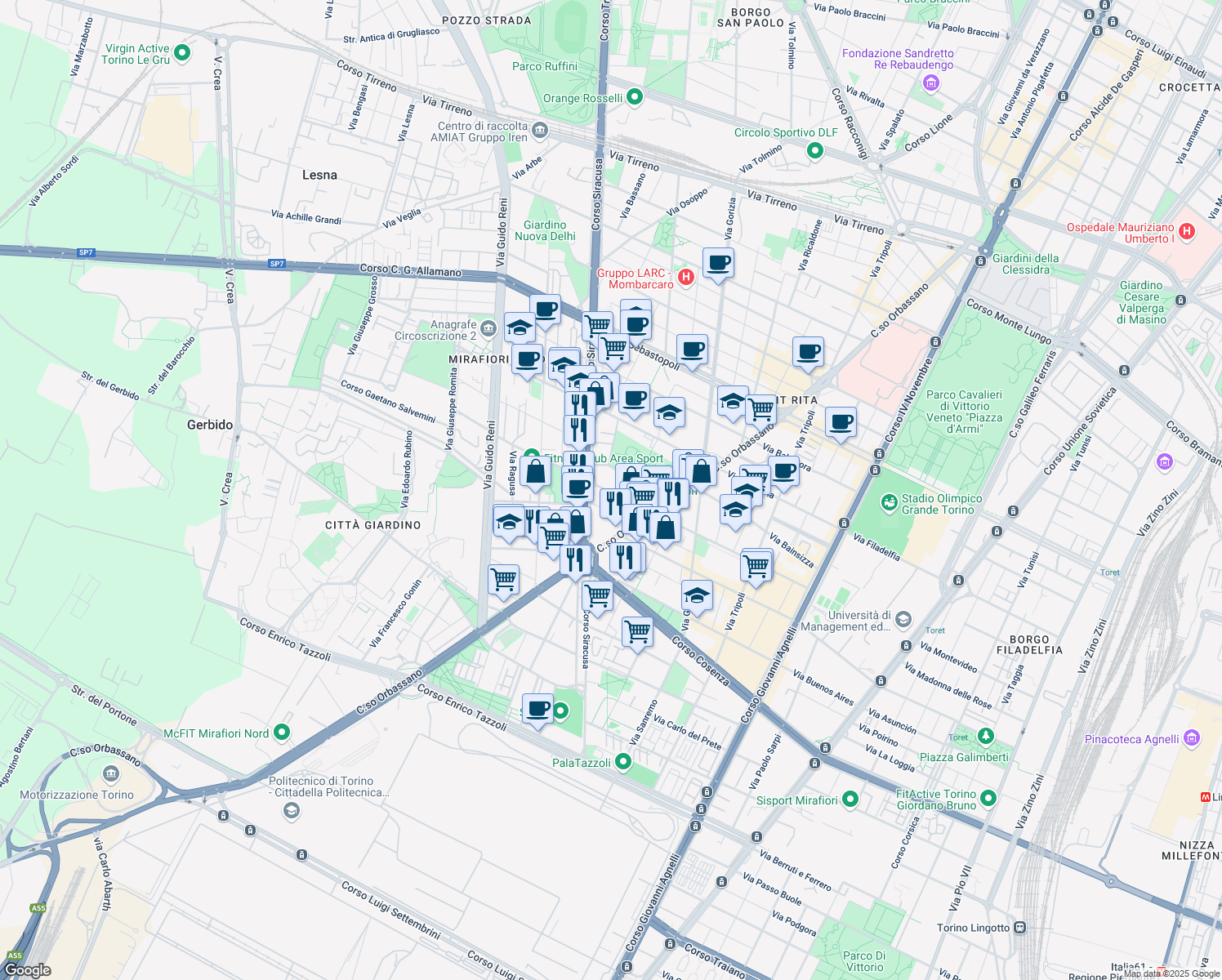map of restaurants, bars, coffee shops, grocery stores, and more near Corso Orbassano 224 in Torino