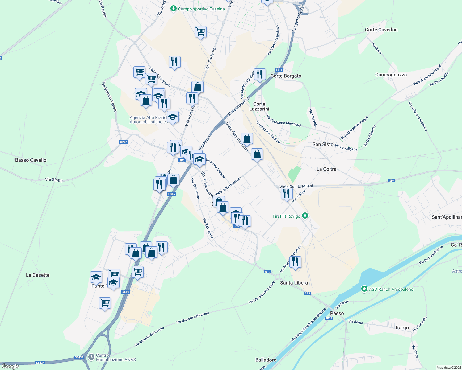 map of restaurants, bars, coffee shops, grocery stores, and more near 31 Viale dell'Artigianato in Rovigo