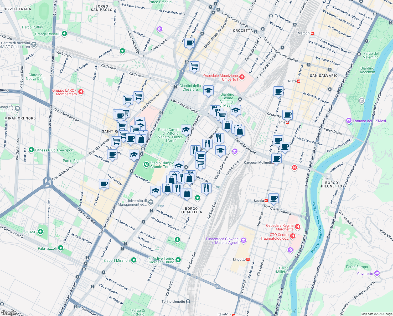 map of restaurants, bars, coffee shops, grocery stores, and more near 134 Corso Unione Sovietica in Torino